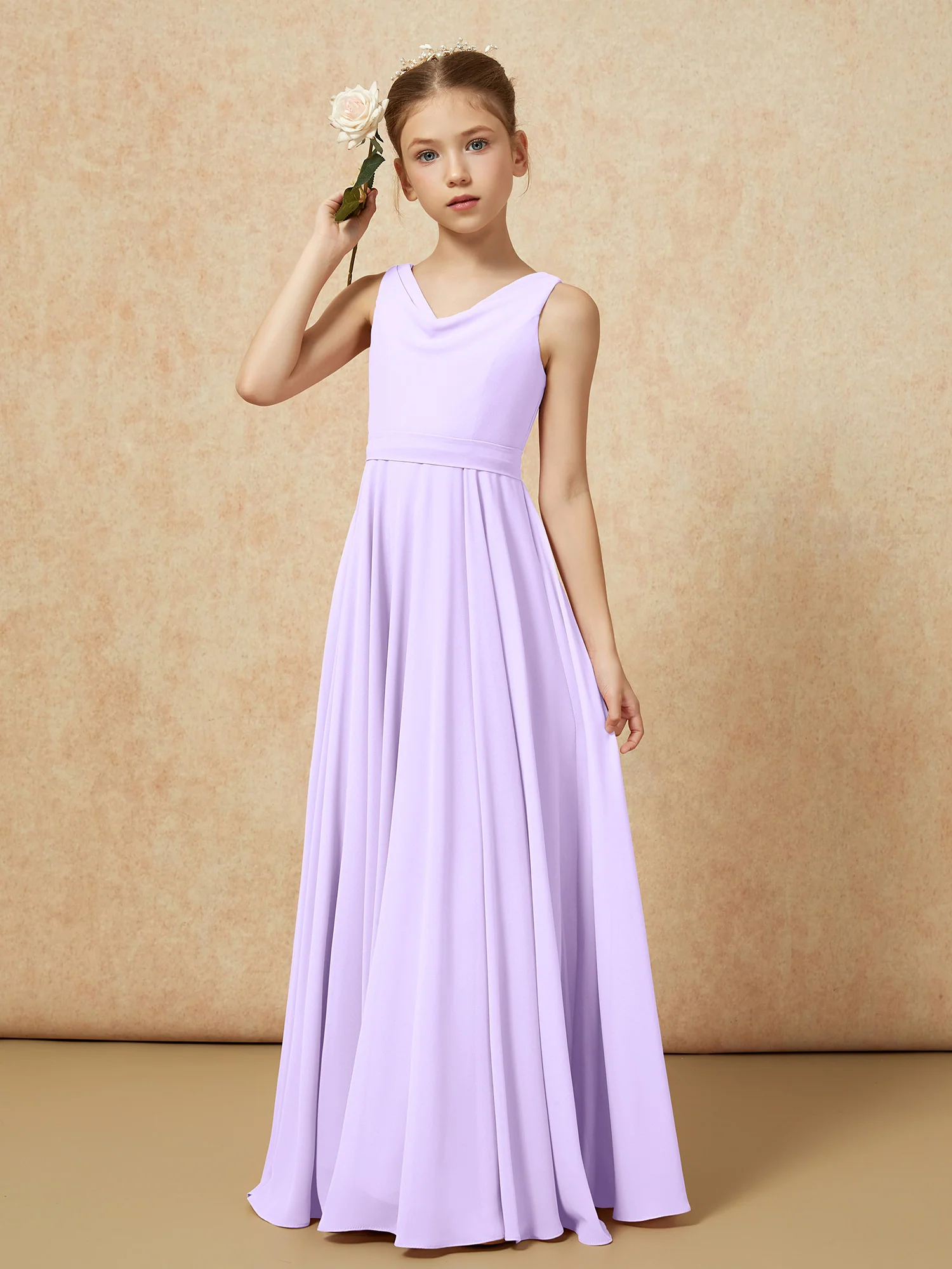 V-neck Chiffon Long Junior Bridesmaid Dress With Belt Lilac - Image 4