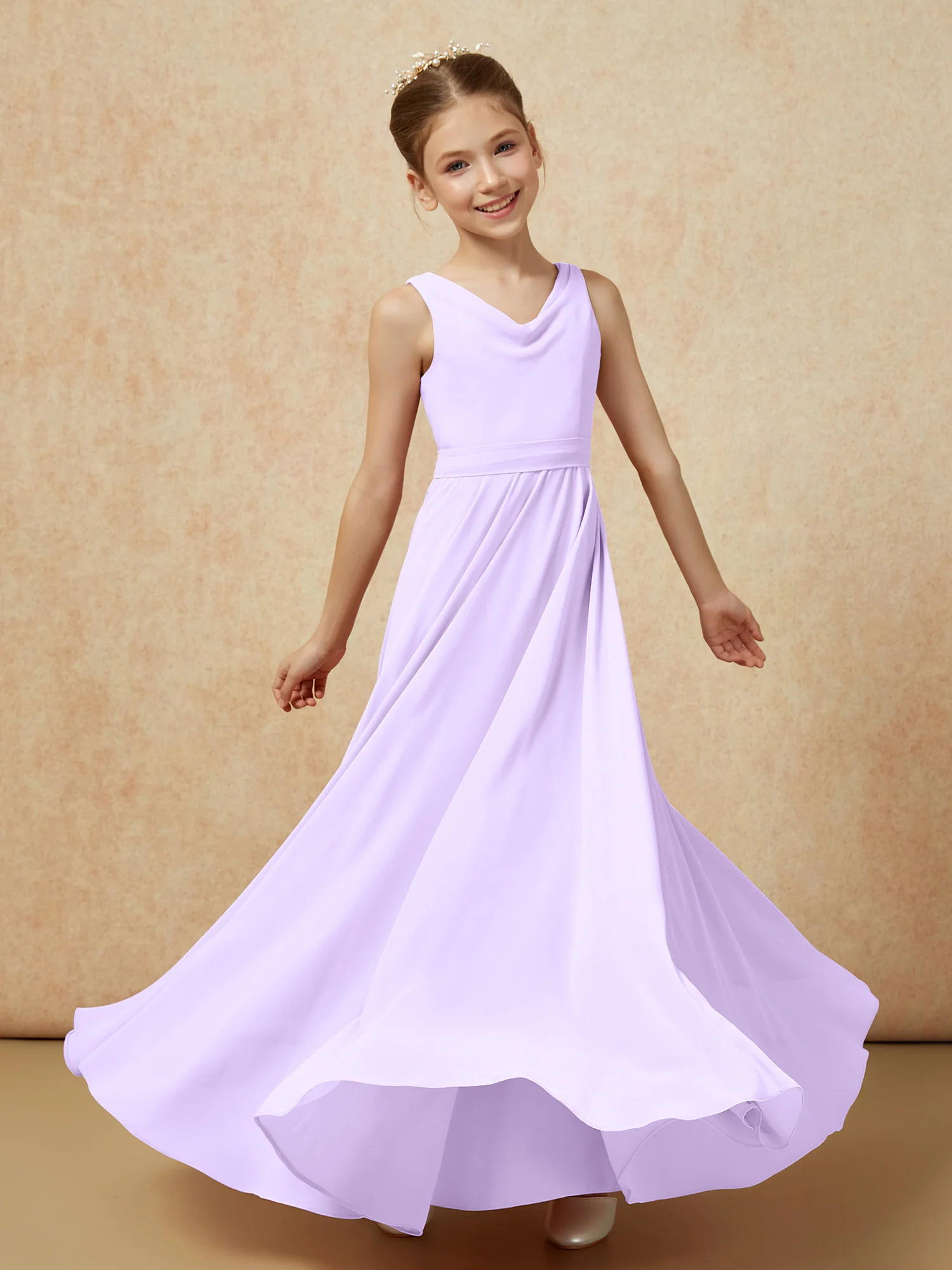 V-neck Chiffon Long Junior Bridesmaid Dress With Belt Lilac - Image 6