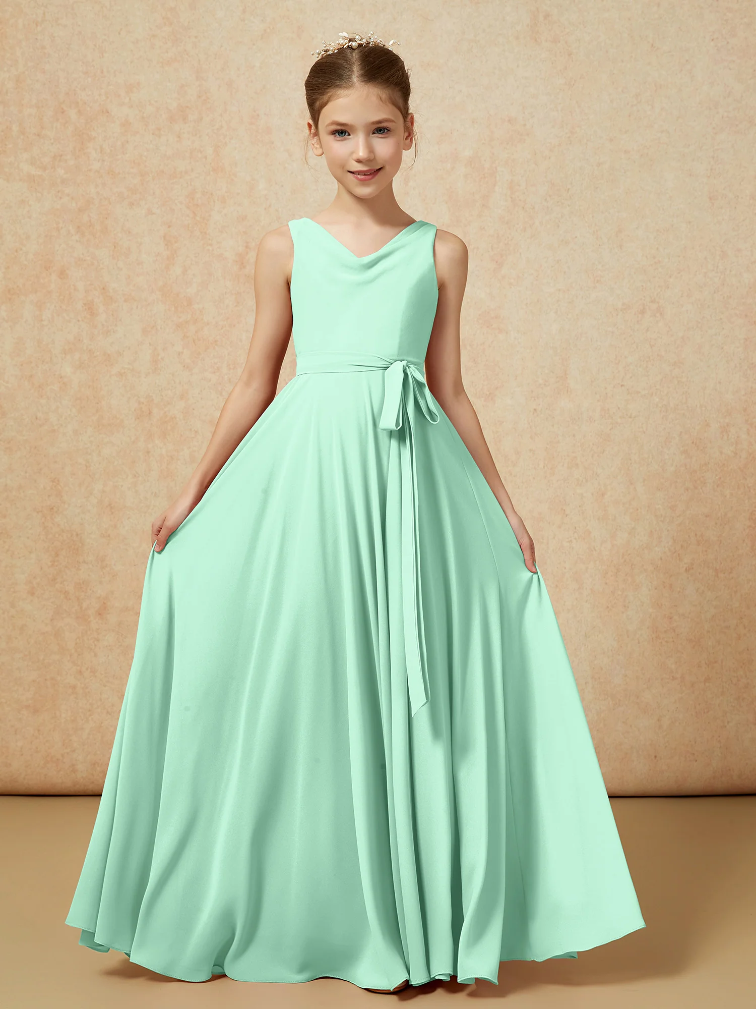 V-neck Chiffon Long Junior Bridesmaid Dress With Belt Mint Green