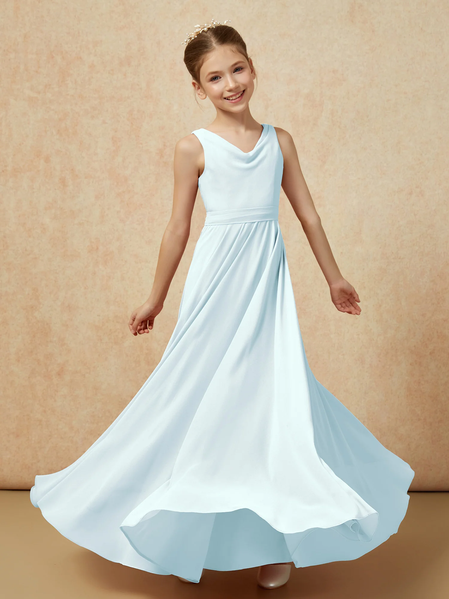 V-neck Chiffon Long Junior Bridesmaid Dress With Belt Mist - Image 6