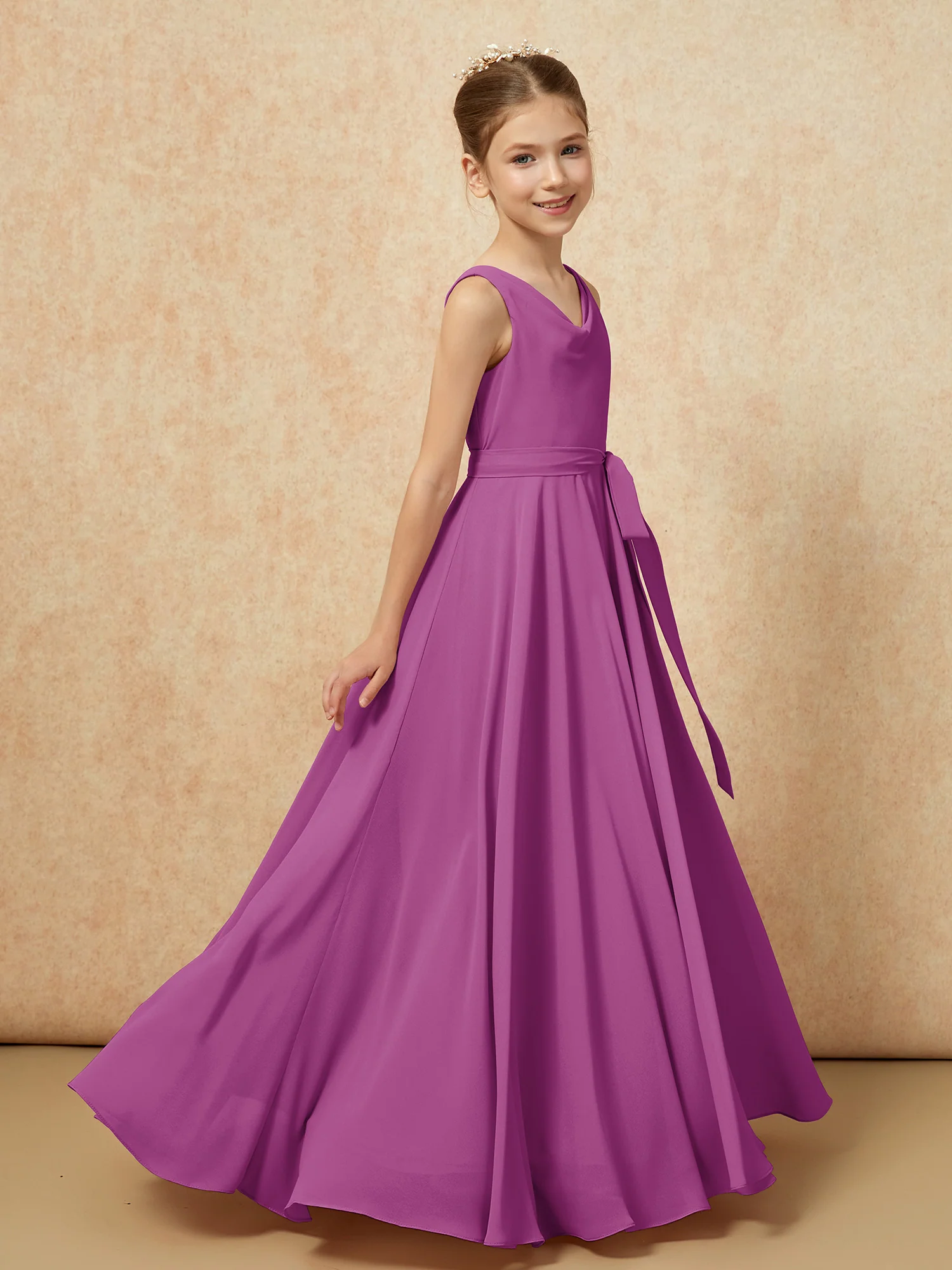 V-neck Chiffon Long Junior Bridesmaid Dress With Belt Orchid - Image 3