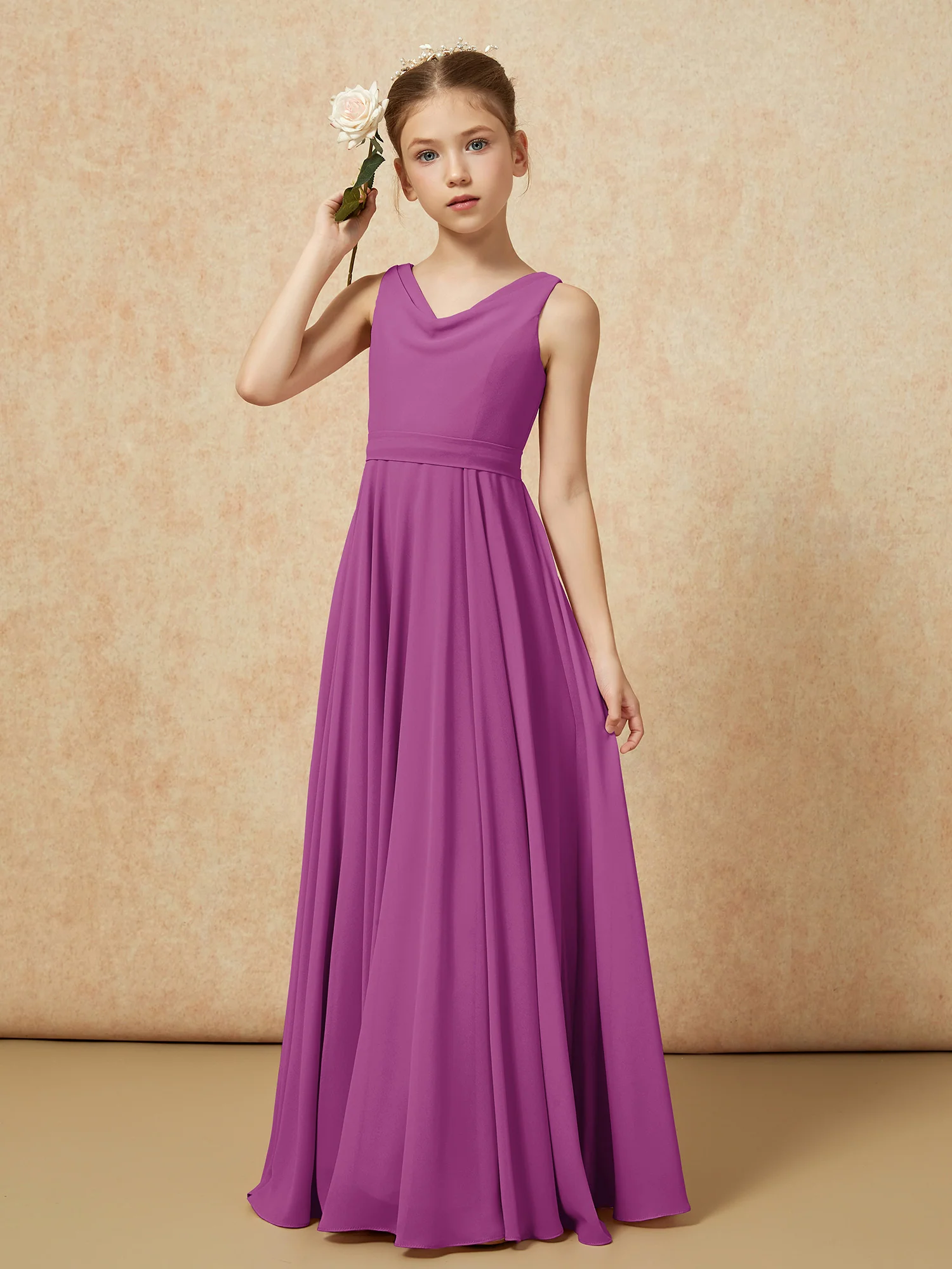 V-neck Chiffon Long Junior Bridesmaid Dress With Belt Orchid - Image 4