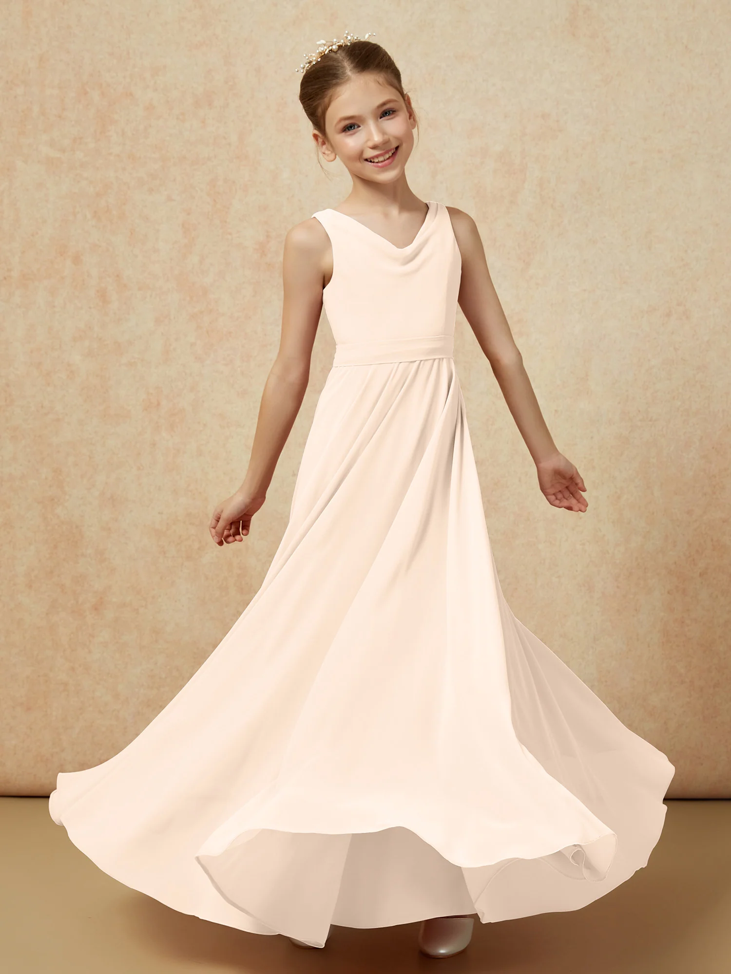 V-neck Chiffon Long Junior Bridesmaid Dress With Belt Peach - Image 6