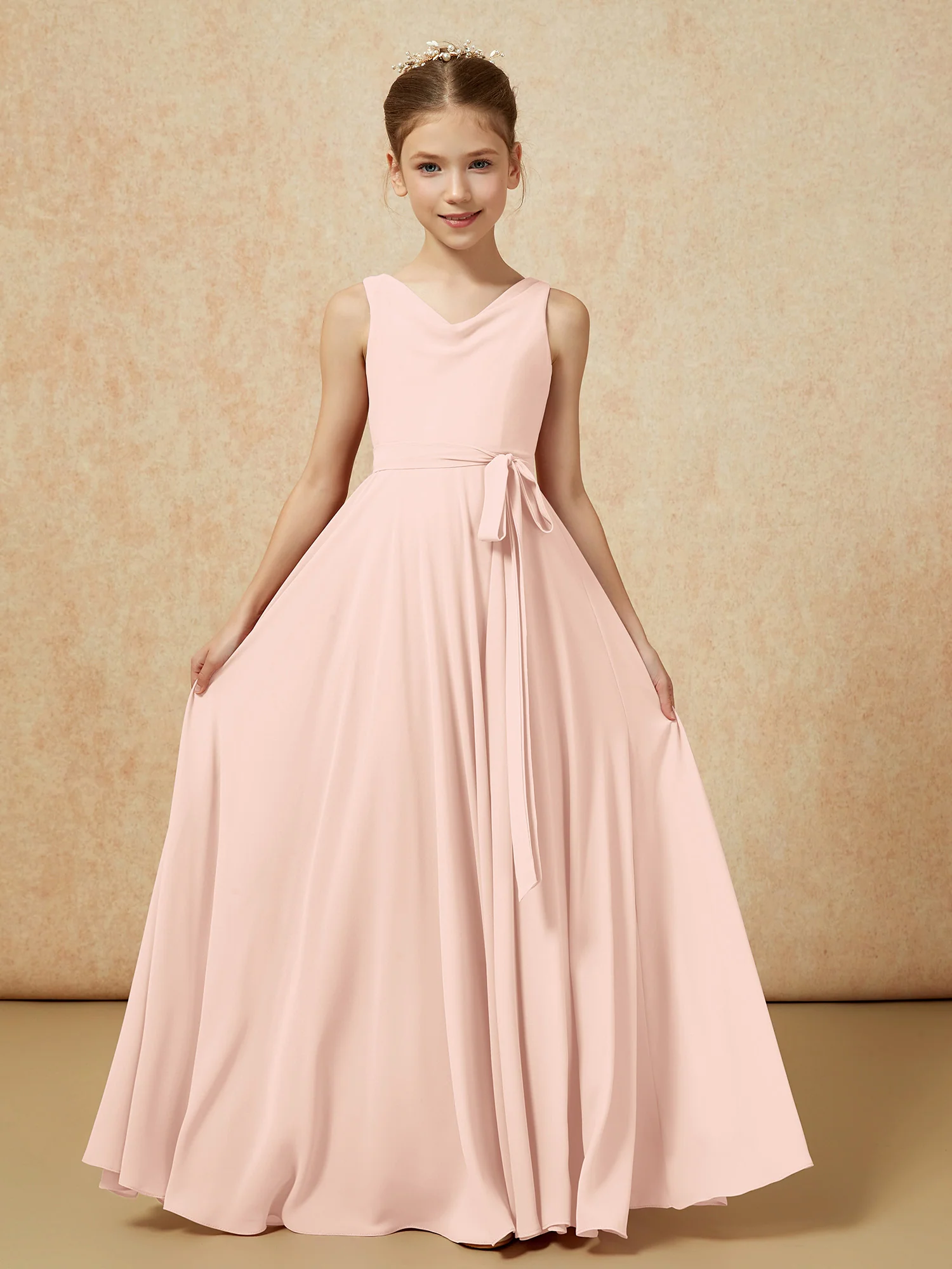 V-neck Chiffon Long Junior Bridesmaid Dress With Belt Pearl Pink