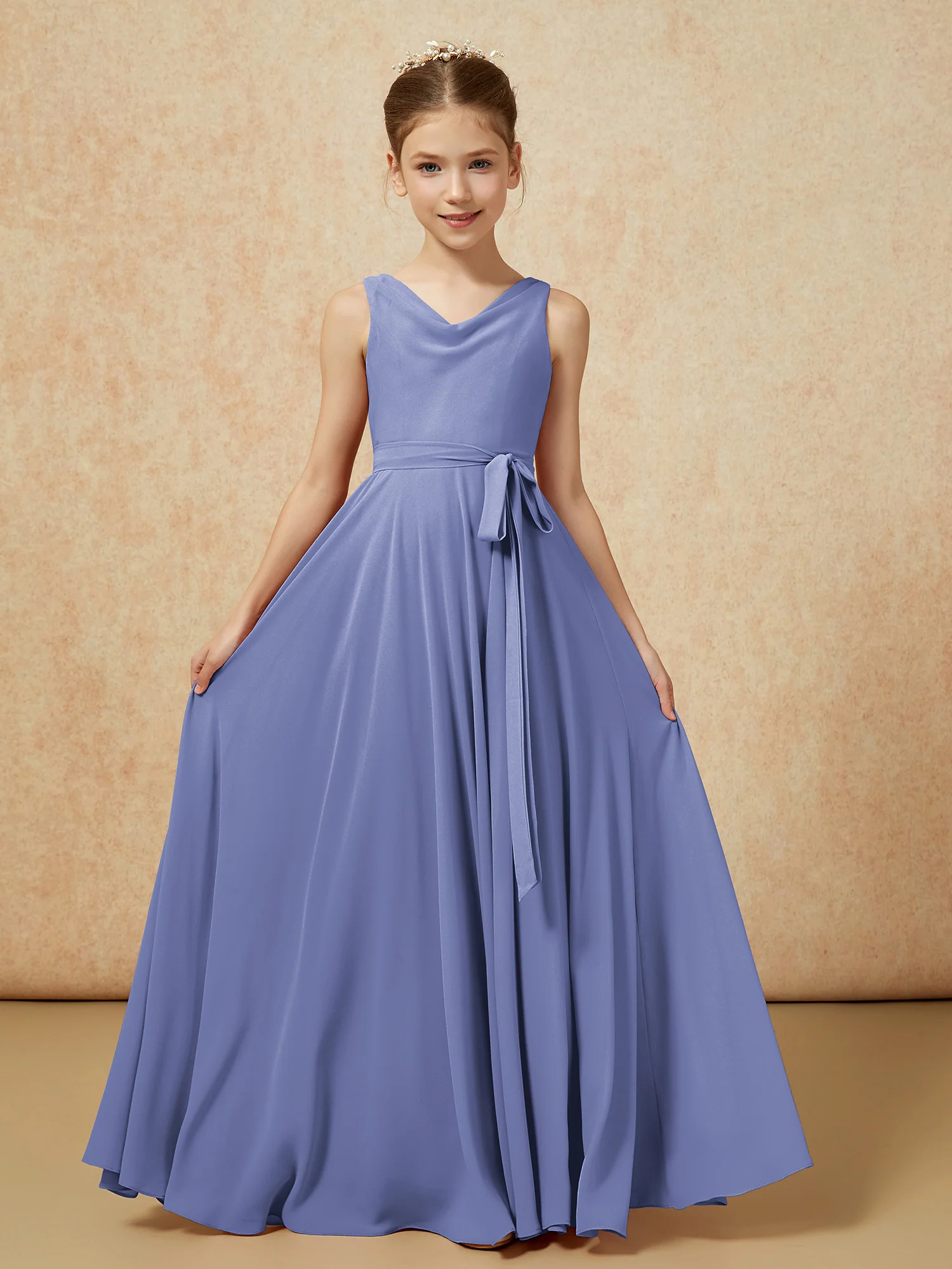 V-neck Chiffon Long Junior Bridesmaid Dress With Belt Periwinkle