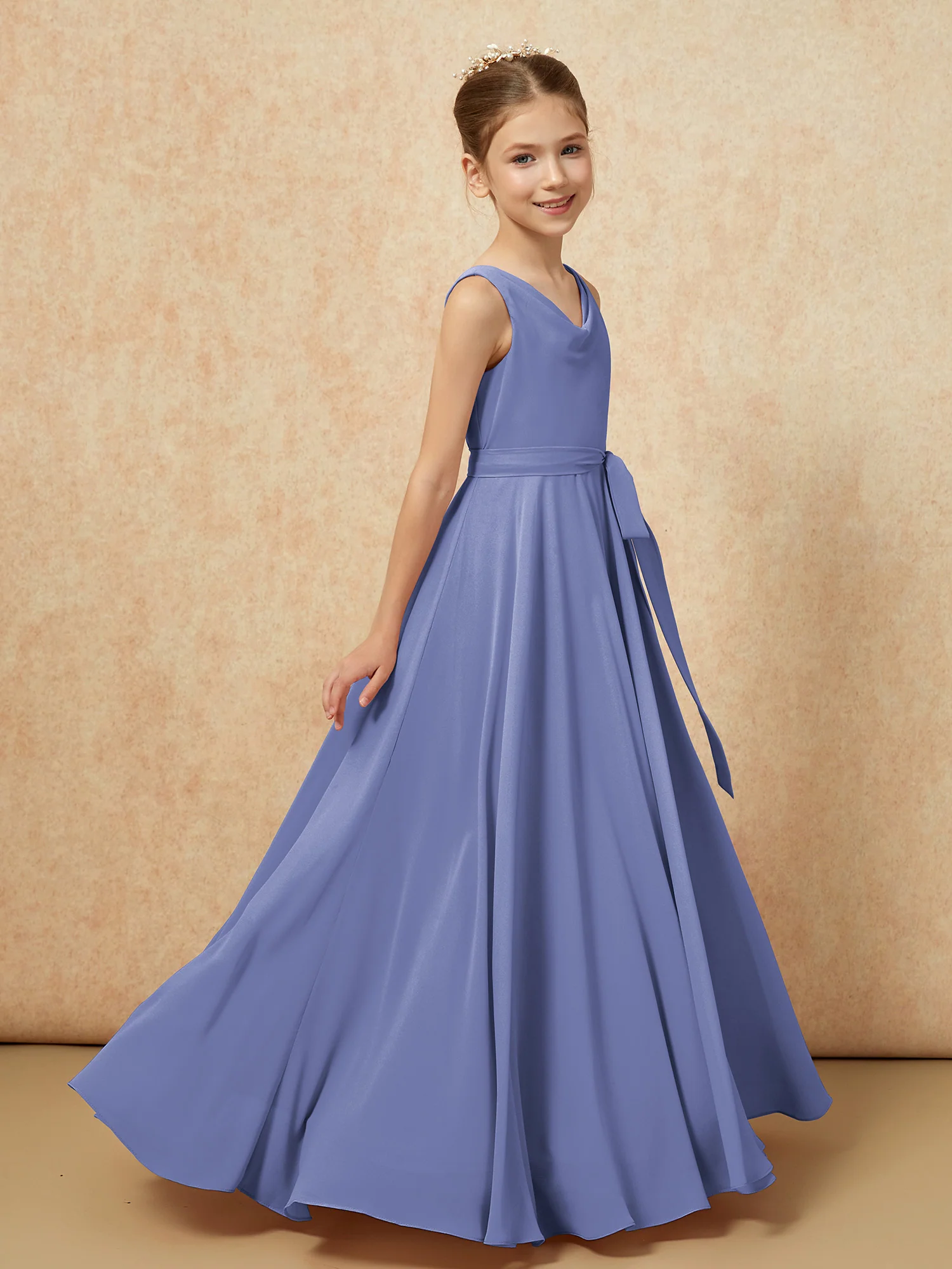 V-neck Chiffon Long Junior Bridesmaid Dress With Belt Periwinkle - Image 3