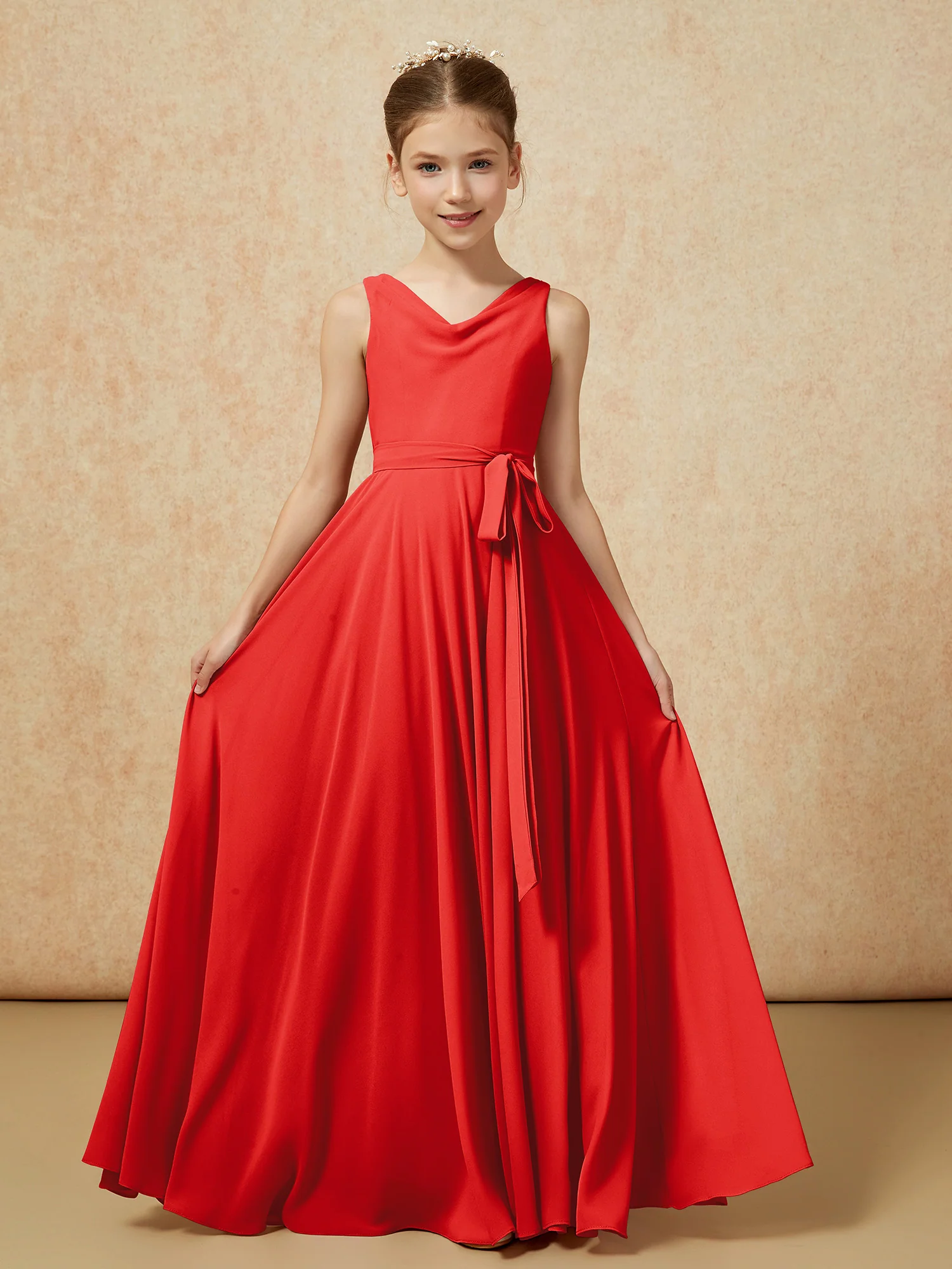 V-neck Chiffon Long Junior Bridesmaid Dress With Belt Red