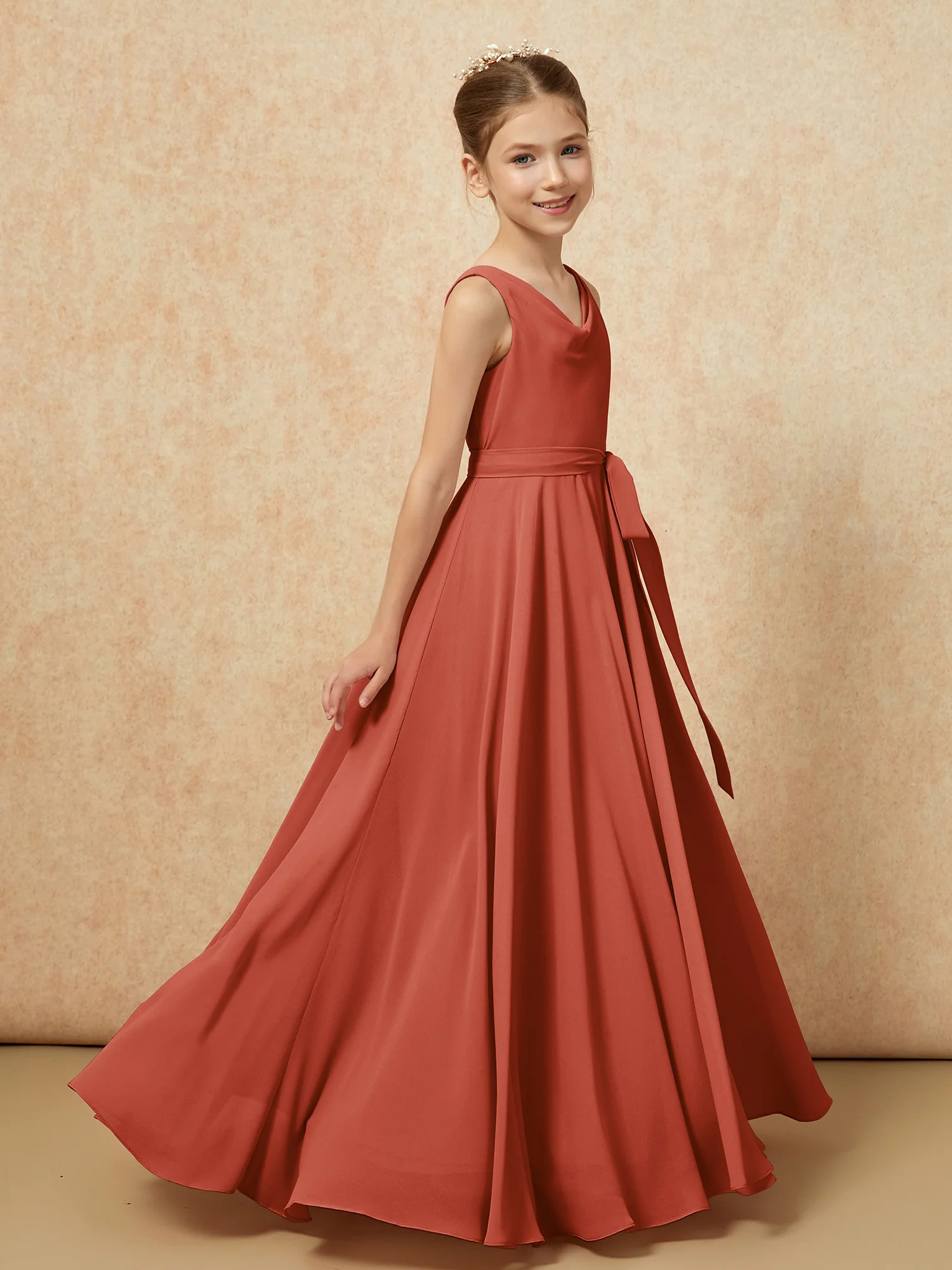 V-neck Chiffon Long Junior Bridesmaid Dress With Belt Rust - Image 3