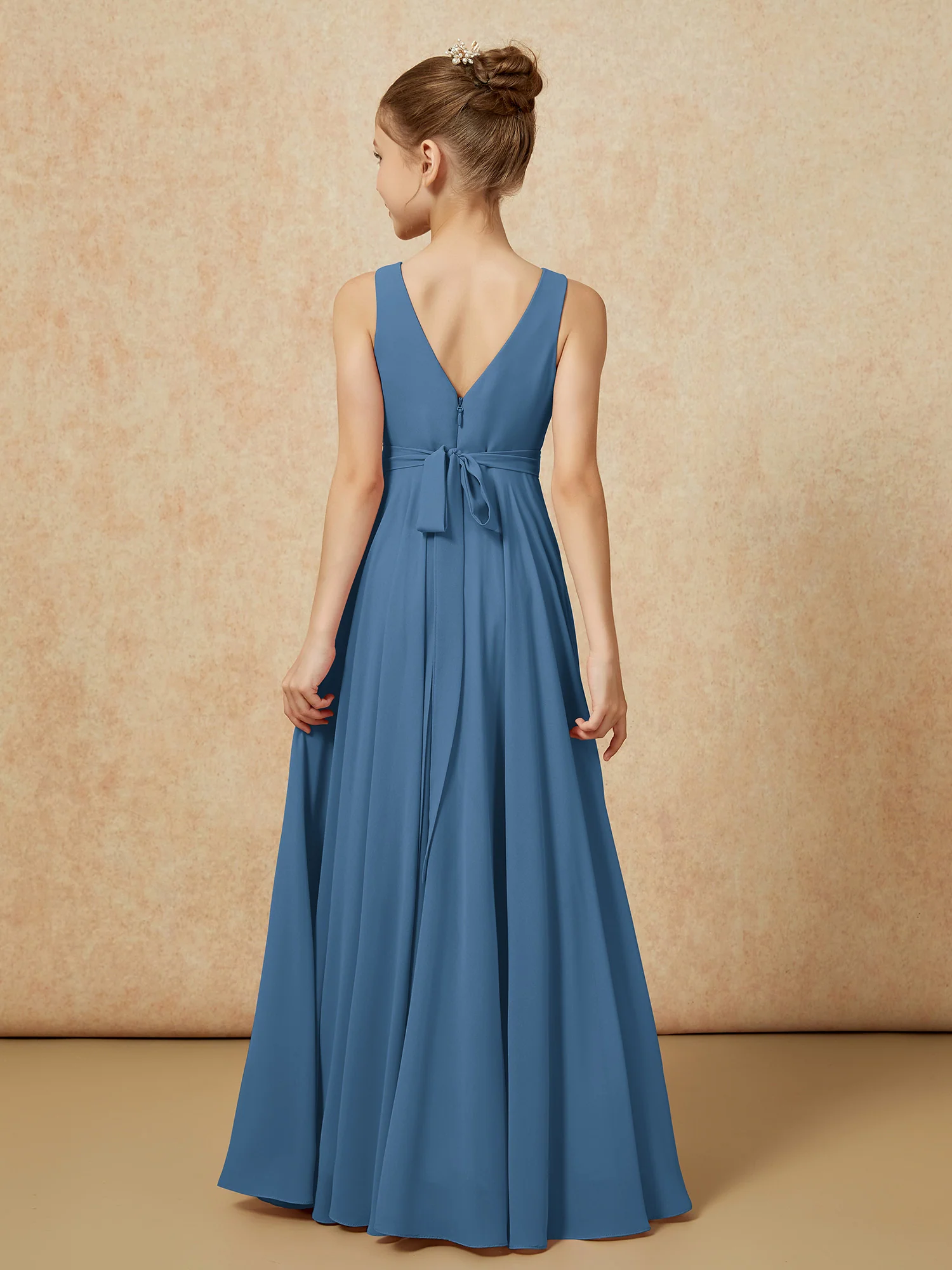 V-neck Chiffon Long Junior Bridesmaid Dress With Belt Slate Blue - Image 2
