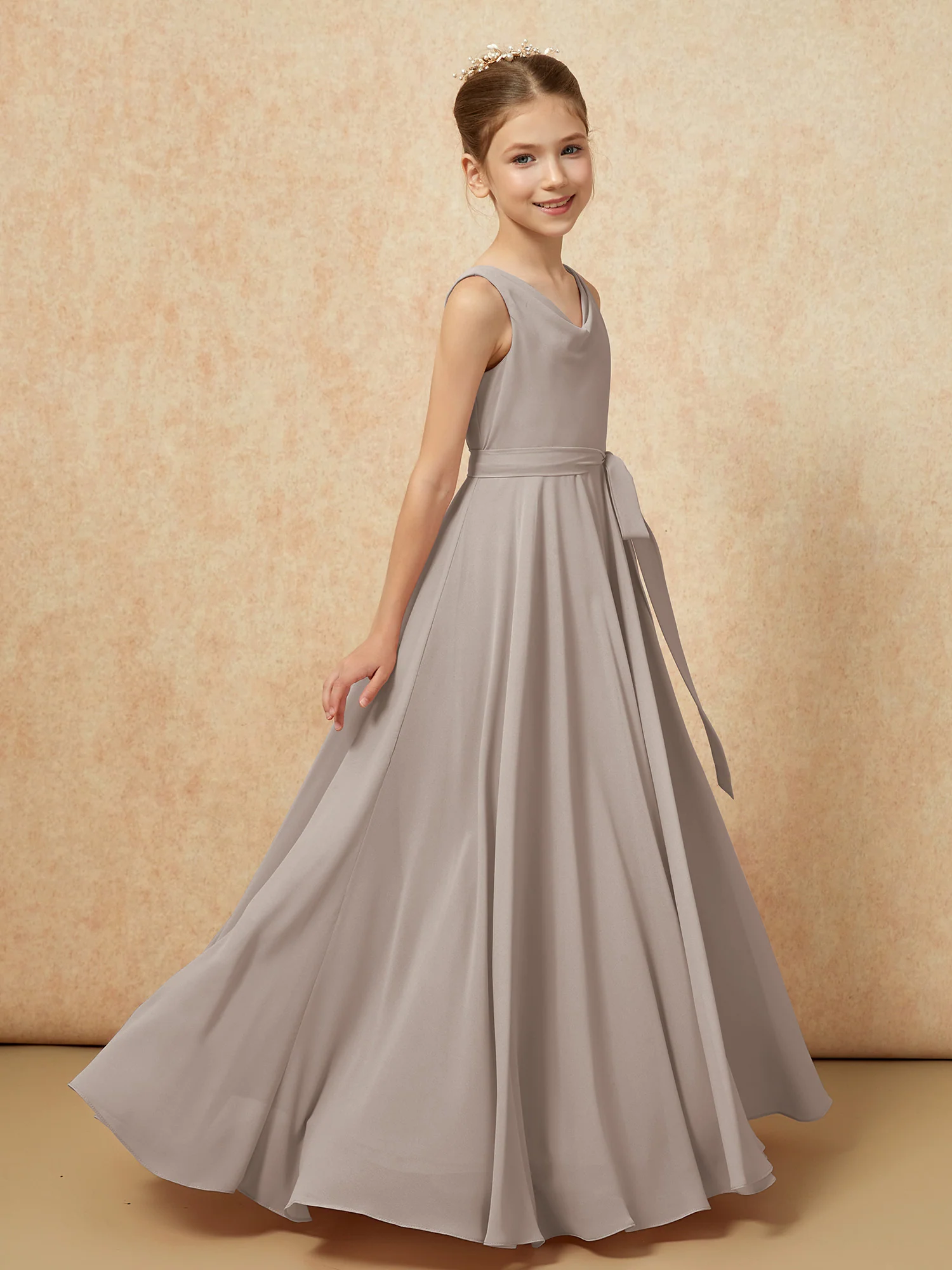 V-neck Chiffon Long Junior Bridesmaid Dress With Belt Taupe - Image 3