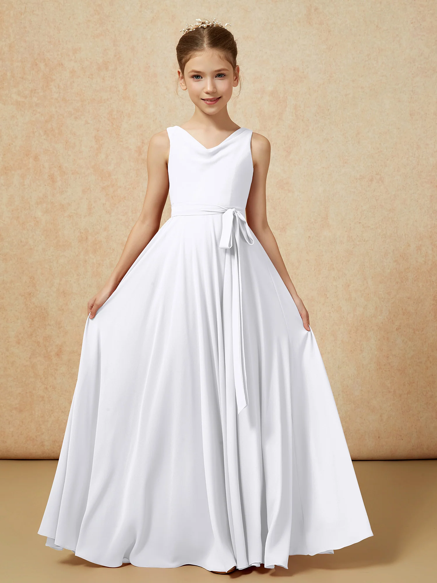 V-neck Chiffon Long Junior Bridesmaid Dress With Belt White