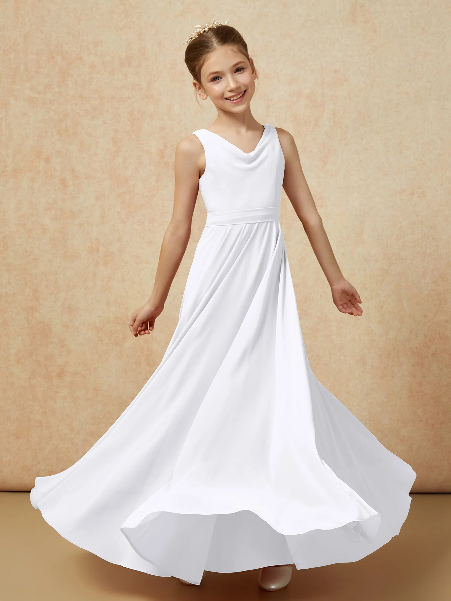 V-neck Chiffon Long Junior Bridesmaid Dress With Belt White - Image 6