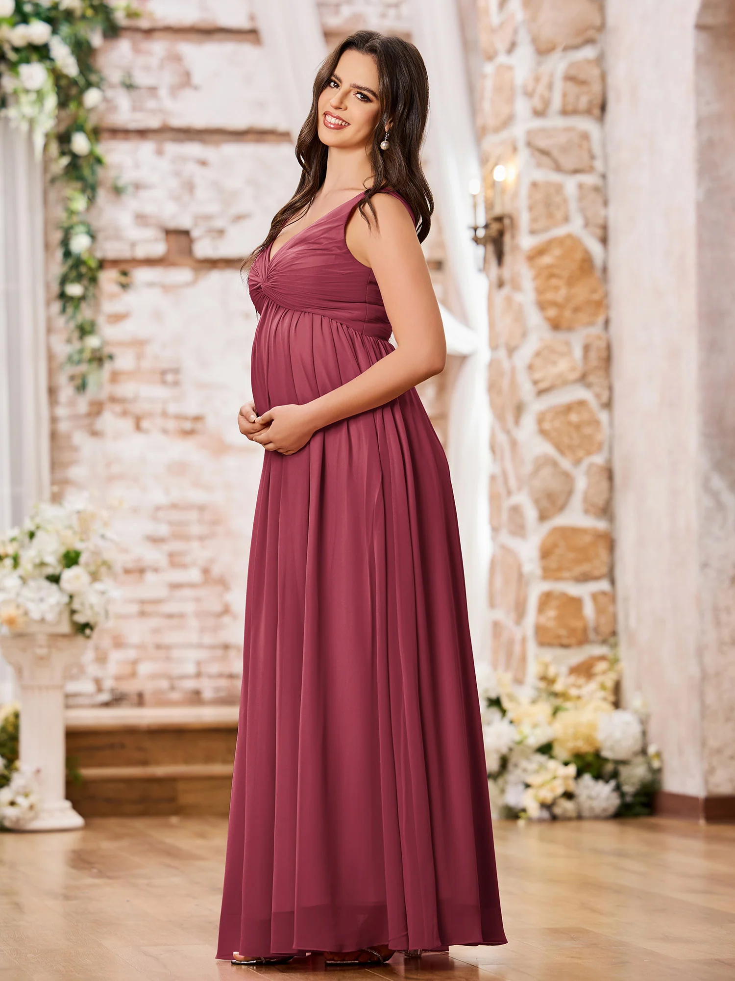 V-neck Cross Pleated Chiffon A-line Empire Dresses Cinnamon Rose - Image 3