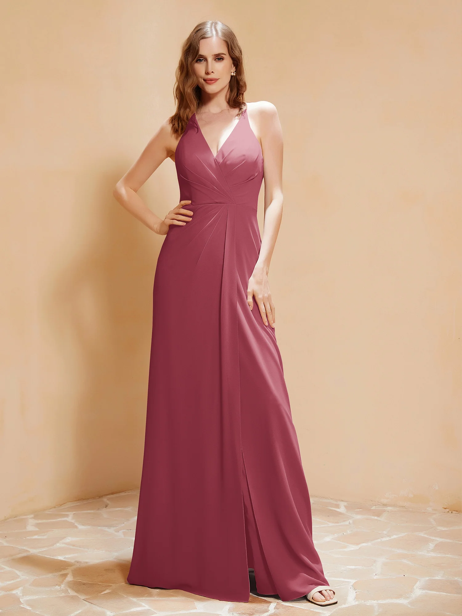 V-neck Floor-length Dress With Silt Cinnamon Rose Plus Size
