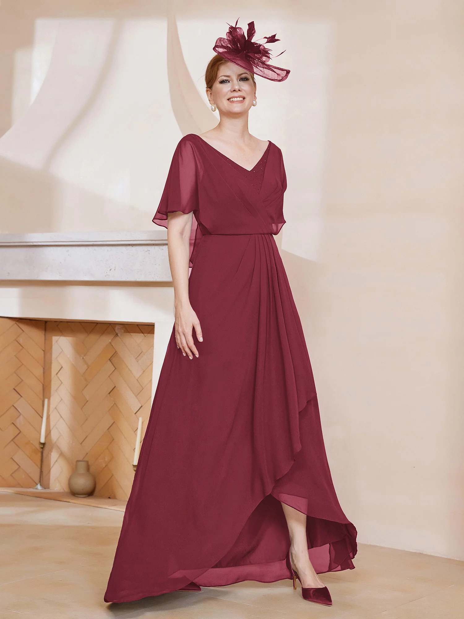 V-neck Flutter Sleeves Asymmetrical Dress Cinnamon Rose