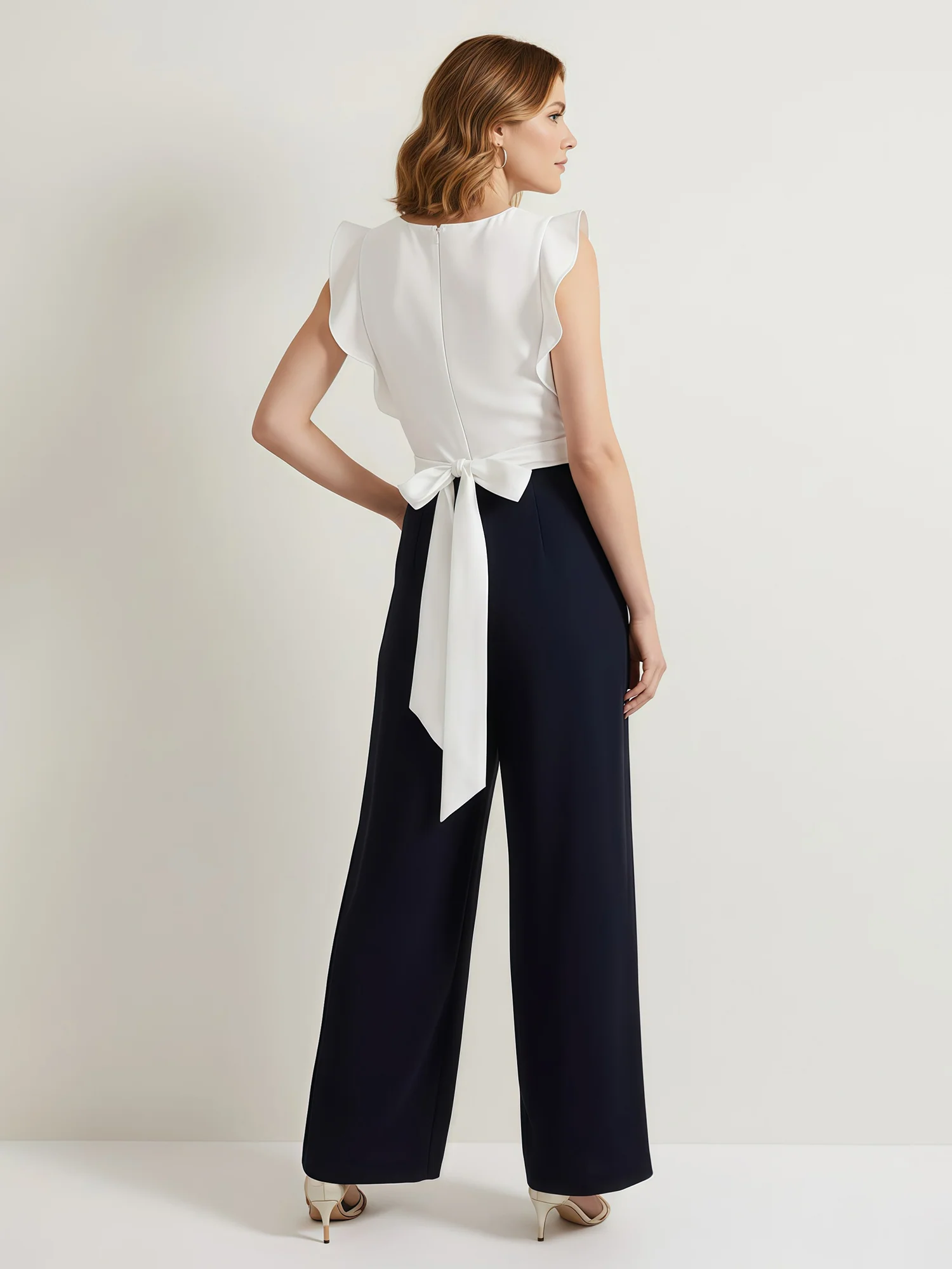 V-neck Flutter Sleeves Pleated Jumpsuit With Bow As Picture - Image 2