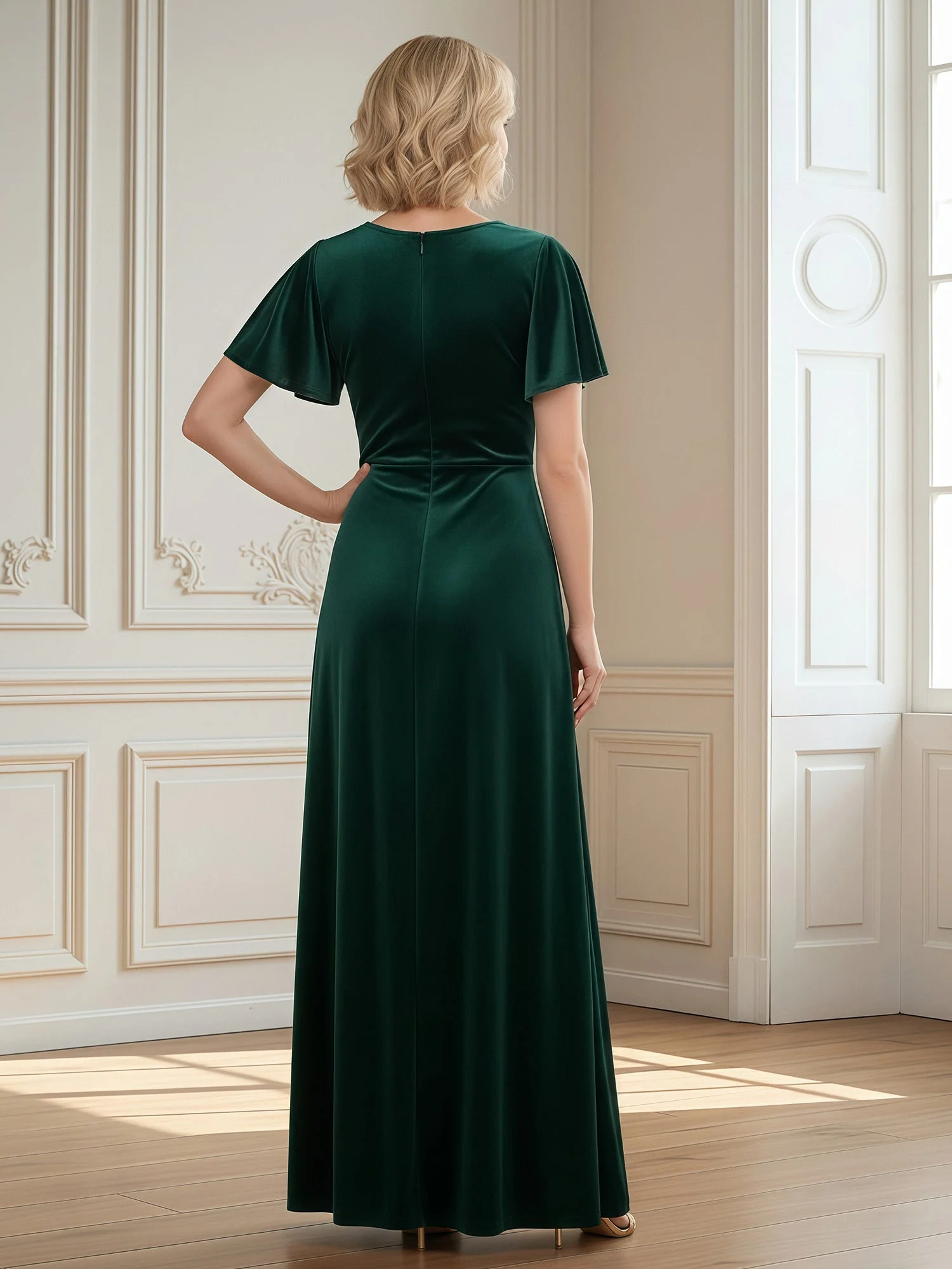 V-neck Flutter Sleeves Velvet Floor-length Dress With Slit Dusty Blue - Image 2