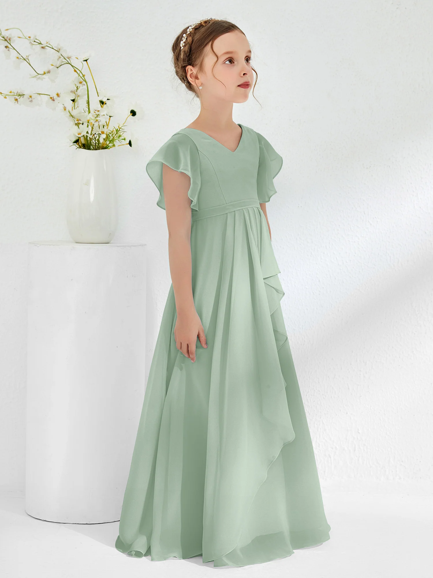 V-neck Junior Bridesmaid Dresses with Flutter Sleeves Agave - Image 3