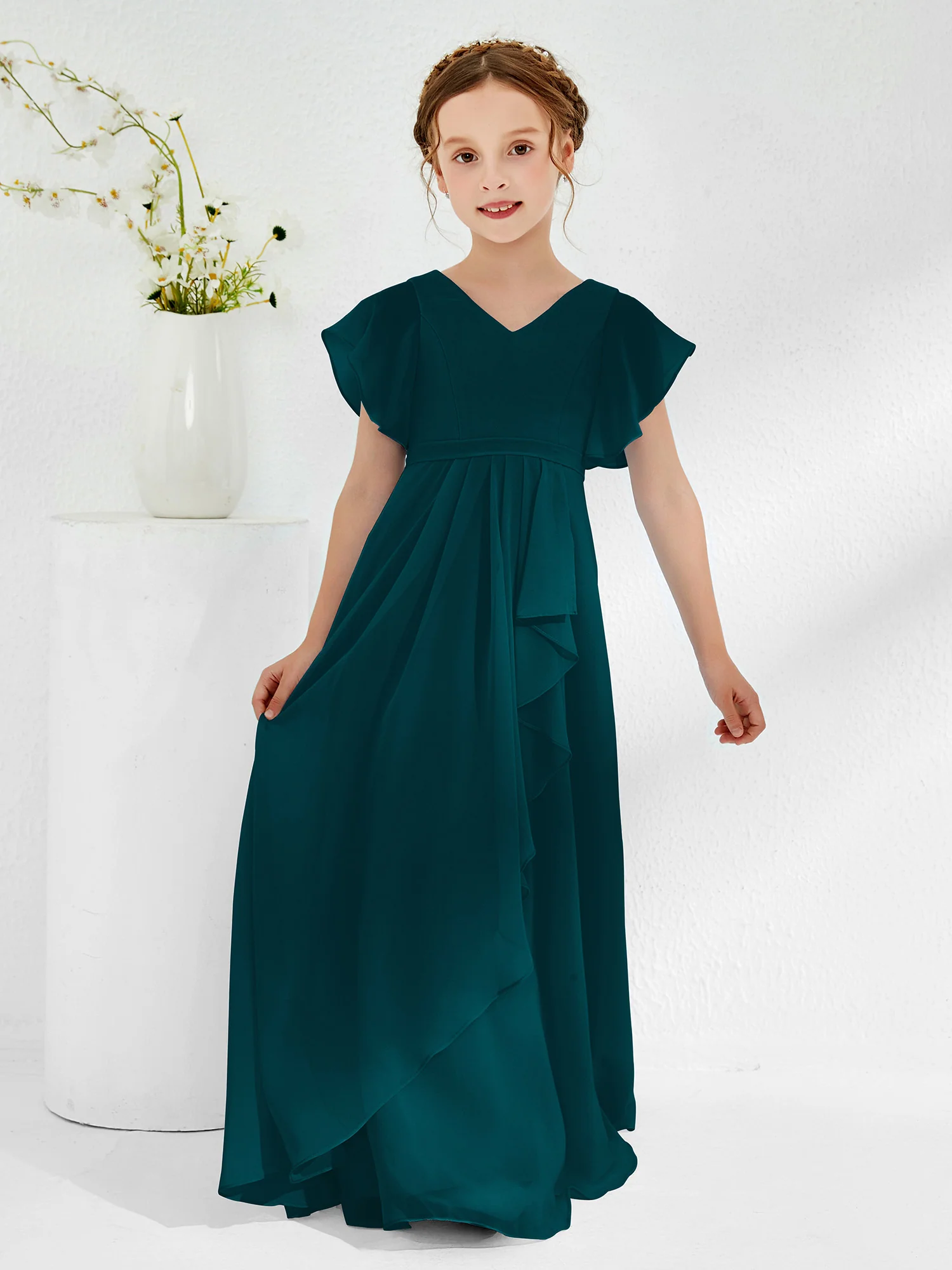 V-neck Junior Bridesmaid Dresses with Flutter Sleeves Pine
