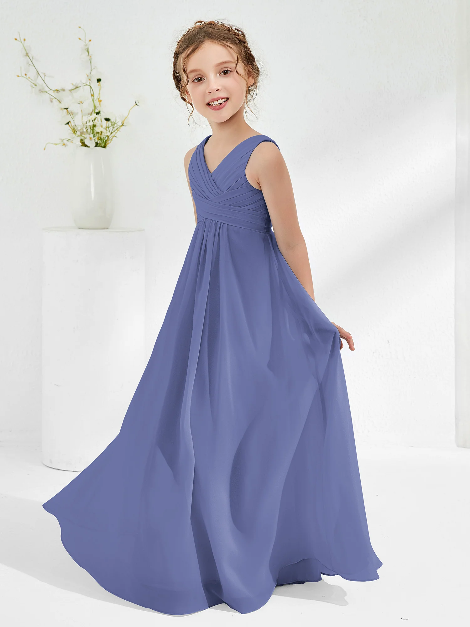 V-neck Junior Bridesmaid Dresses with Pleated Periwinkle - Image 3