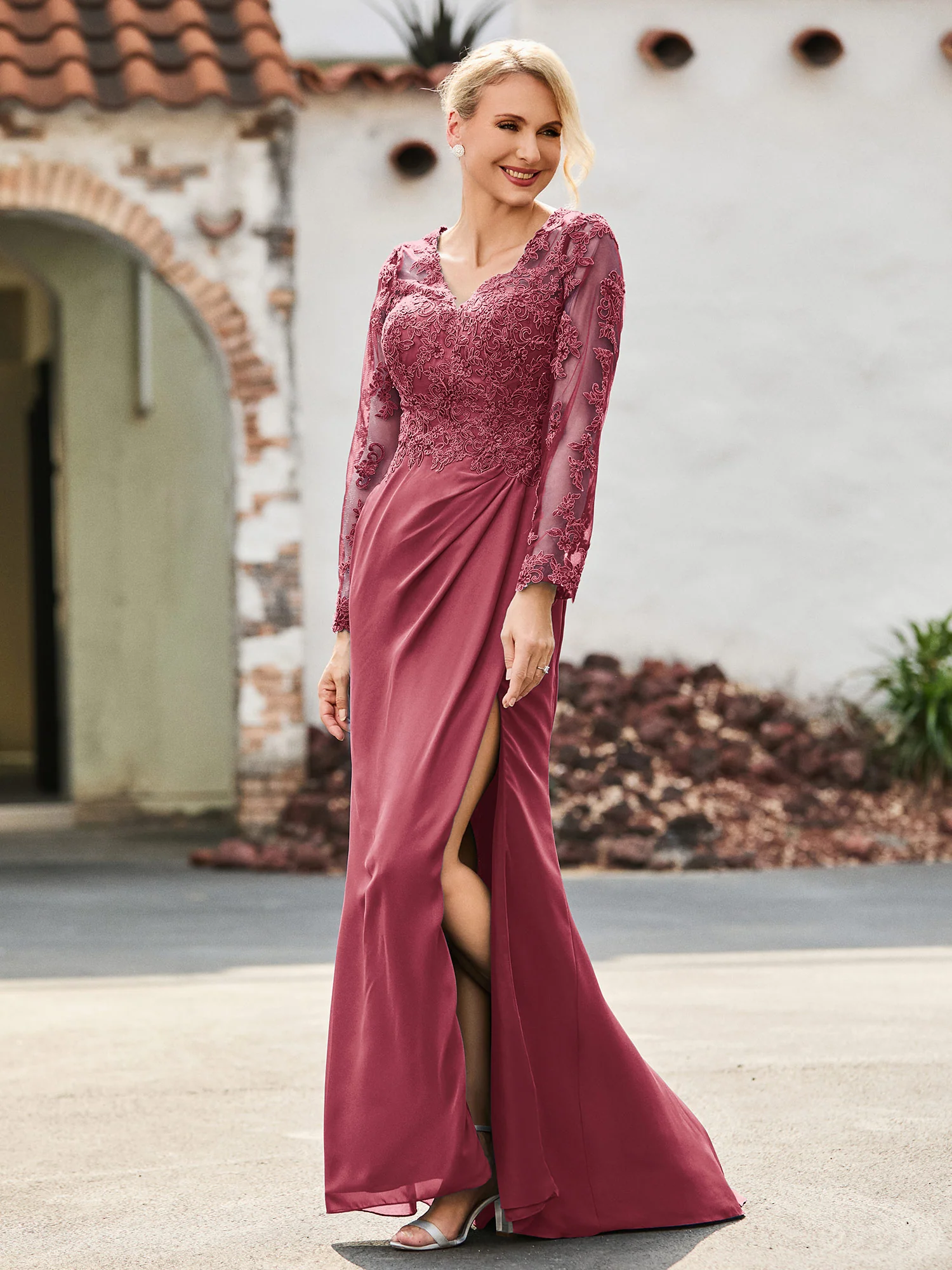 V-Neck Lace Top High Slit Pleated Dress Cinnamon Rose
