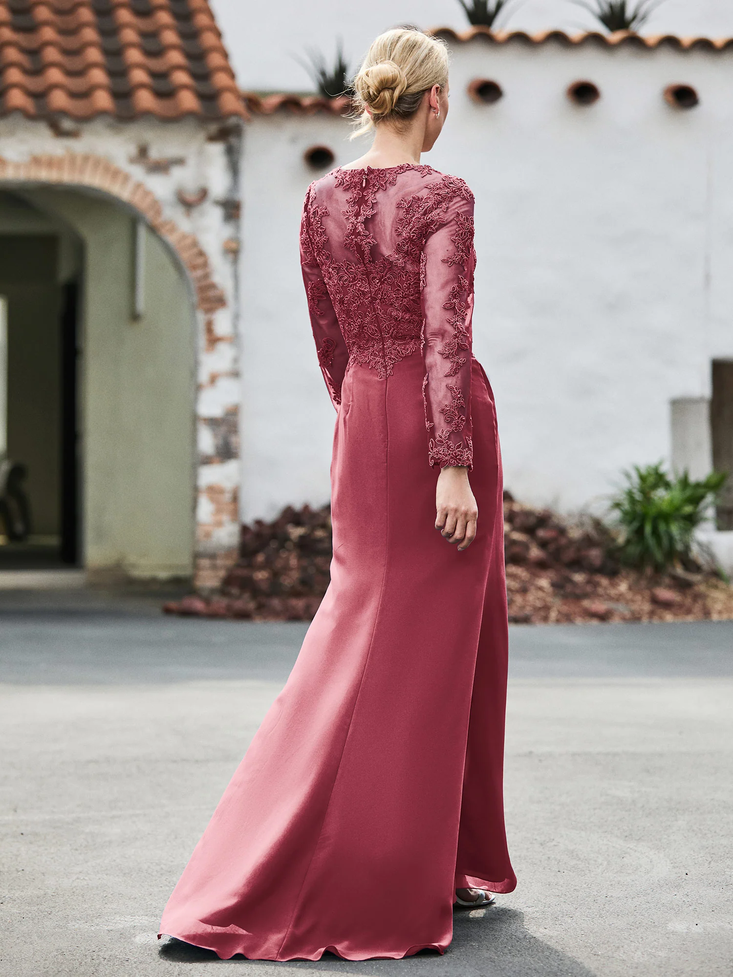 V-Neck Lace Top High Slit Pleated Dress Cinnamon Rose - Image 2