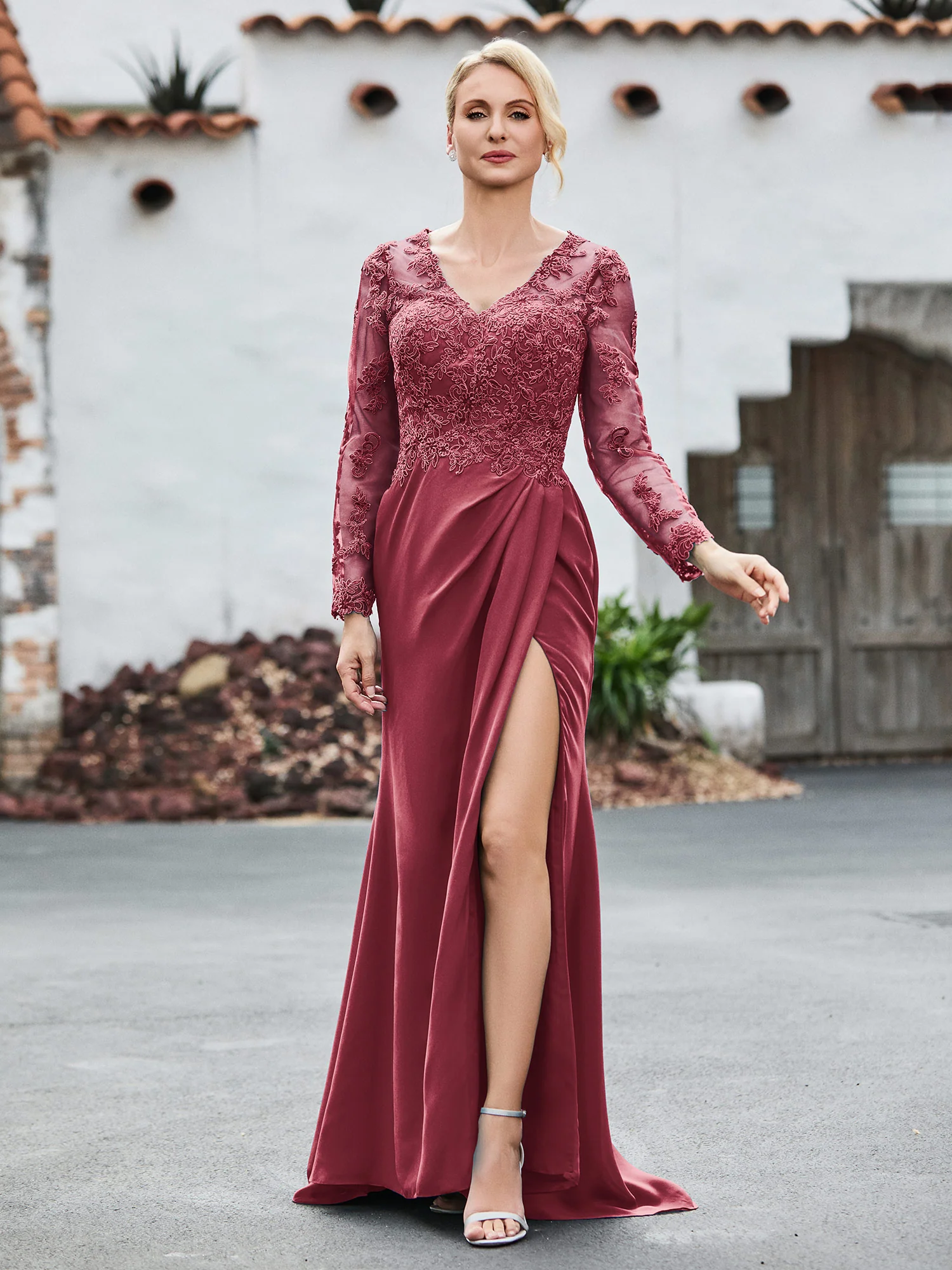 V-Neck Lace Top High Slit Pleated Dress Cinnamon Rose - Image 3