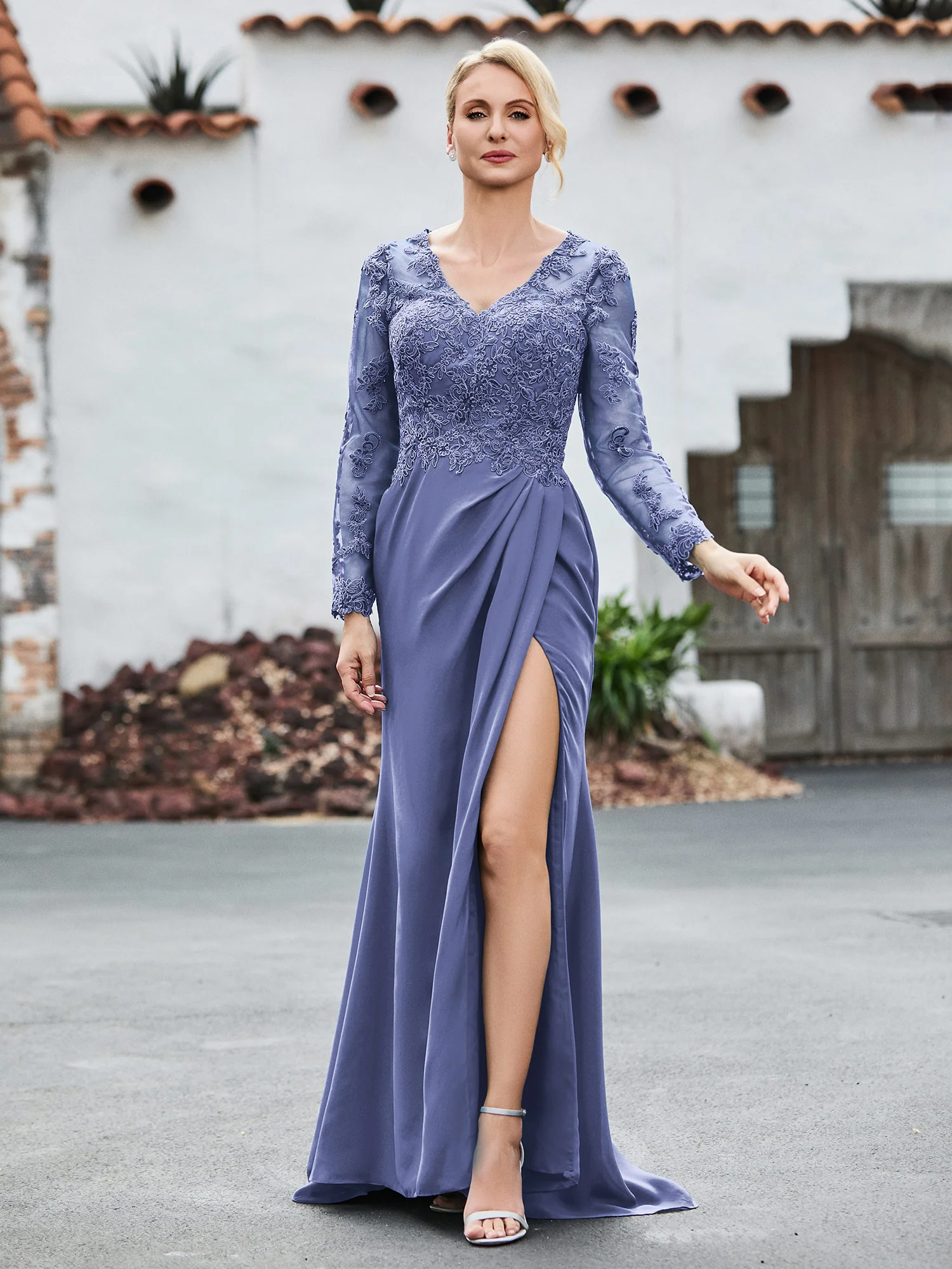 V-Neck Lace Top High Slit Pleated Dress Periwinkle - Image 3