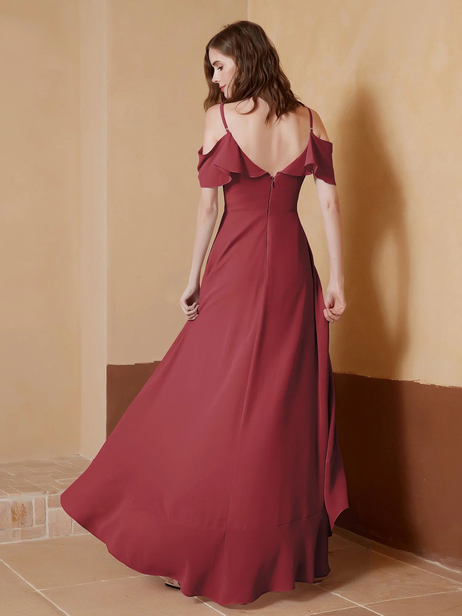 V-neck Off Shoulder Ruffles Asymmetrical Dress Cinnamon Rose Plus Size - Image 2
