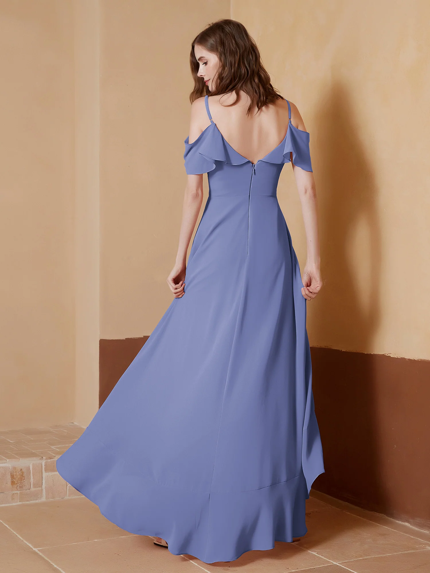 V-neck Off Shoulder Ruffles Asymmetrical Dress Periwinkle Plus Size - Image 2