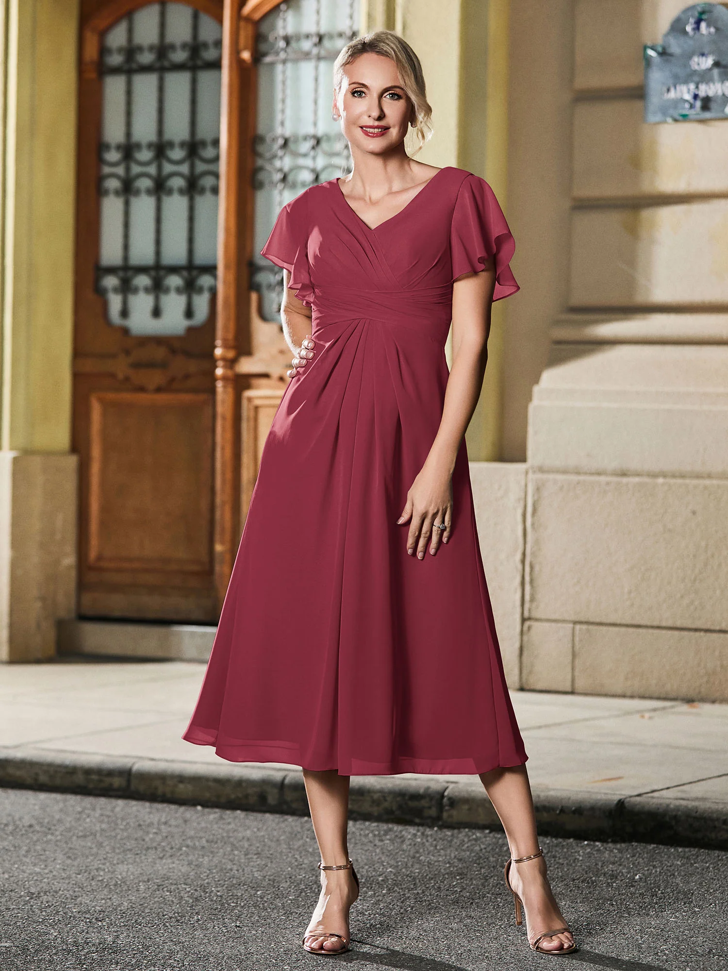 V-neck Pleated A-line Chiffon Tea-length Dress Cinnamon Rose