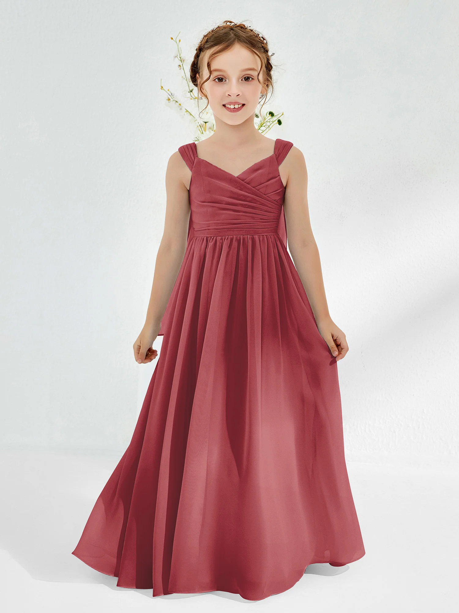 V-neck Pleated A-line Junior Bridesmaid Gowns Cinnamon Rose