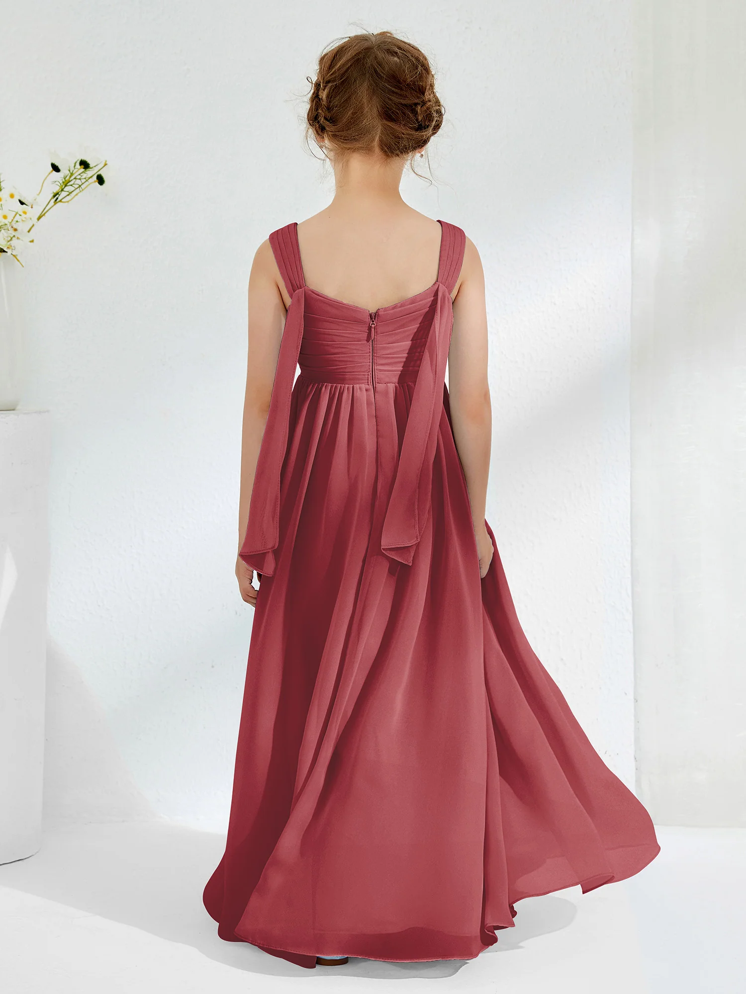 V-neck Pleated A-line Junior Bridesmaid Gowns Cinnamon Rose - Image 2
