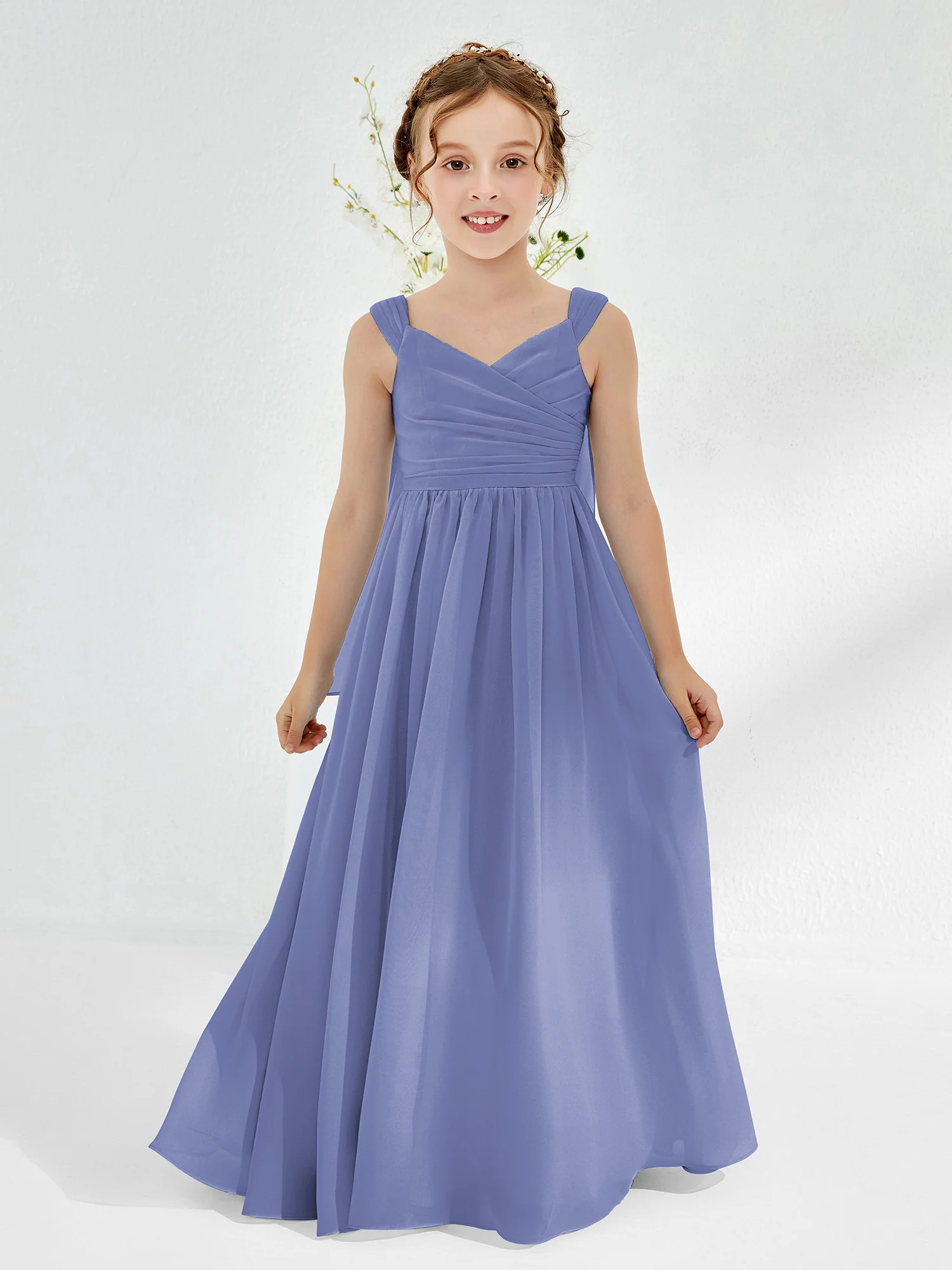 V-neck Pleated A-line Junior Bridesmaid Gowns Periwinkle