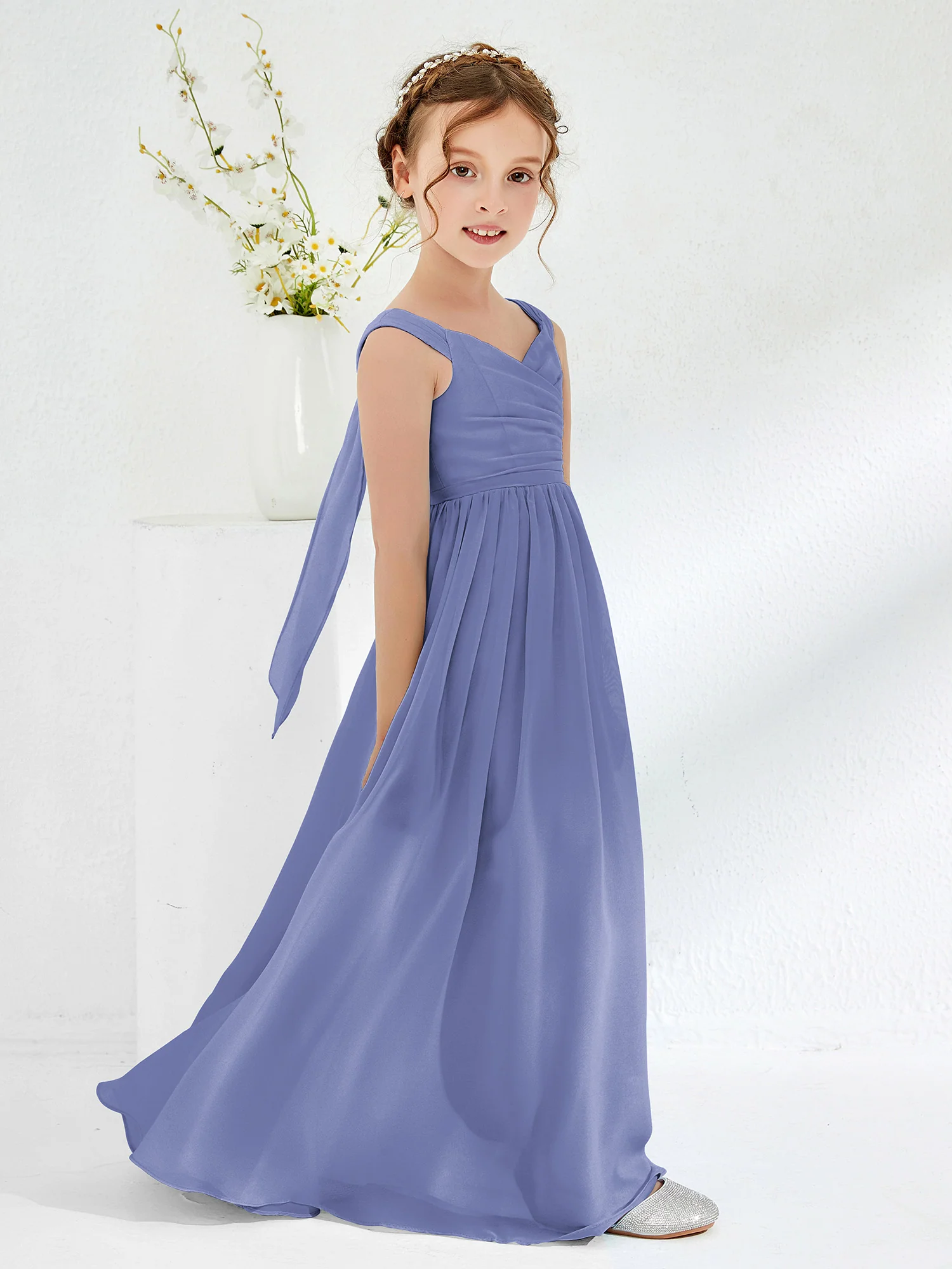 V-neck Pleated A-line Junior Bridesmaid Gowns Periwinkle - Image 3