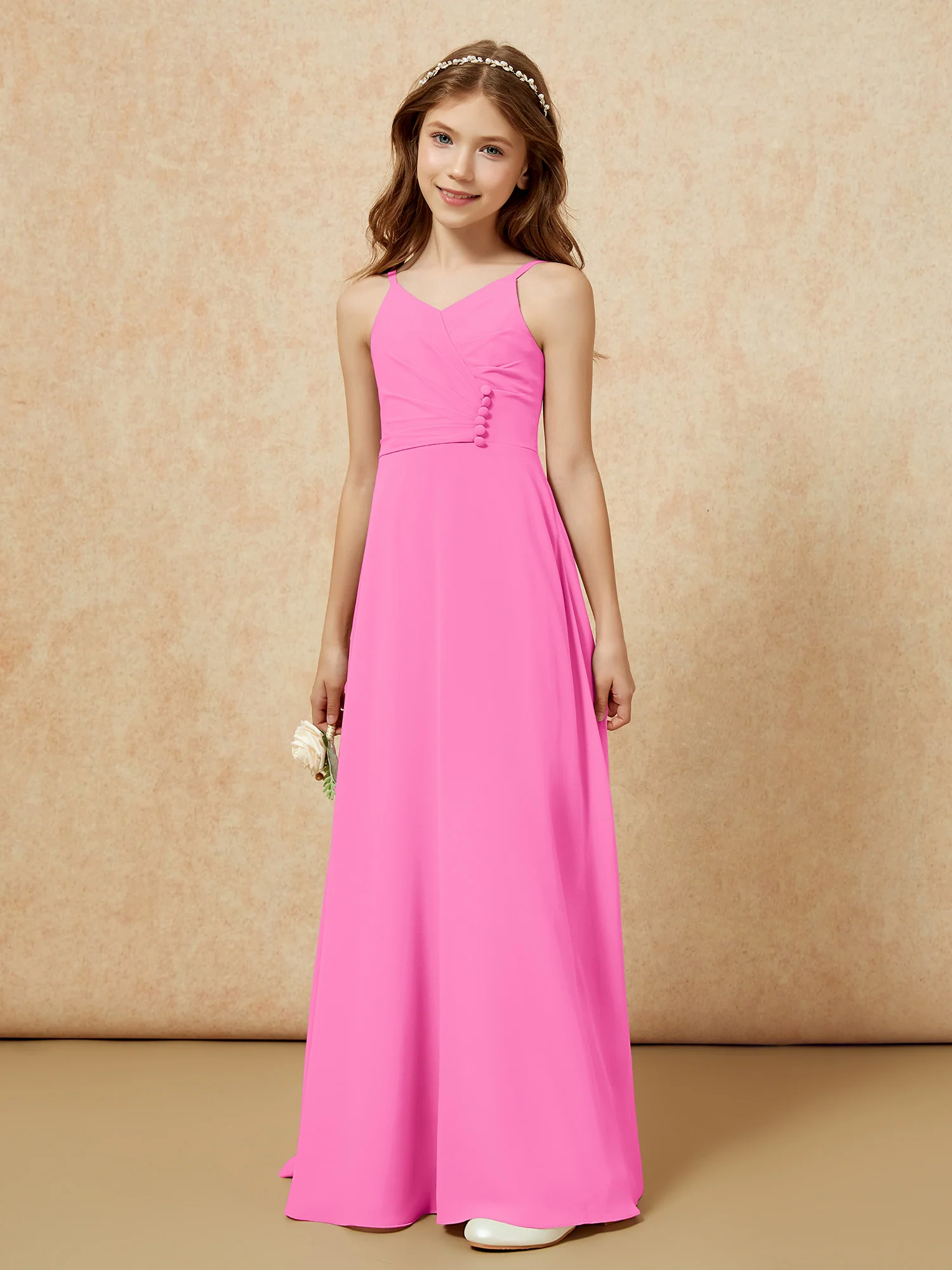 V-neck Pleated Chiffon Long Junior Bridesmaid Dresses Azalea