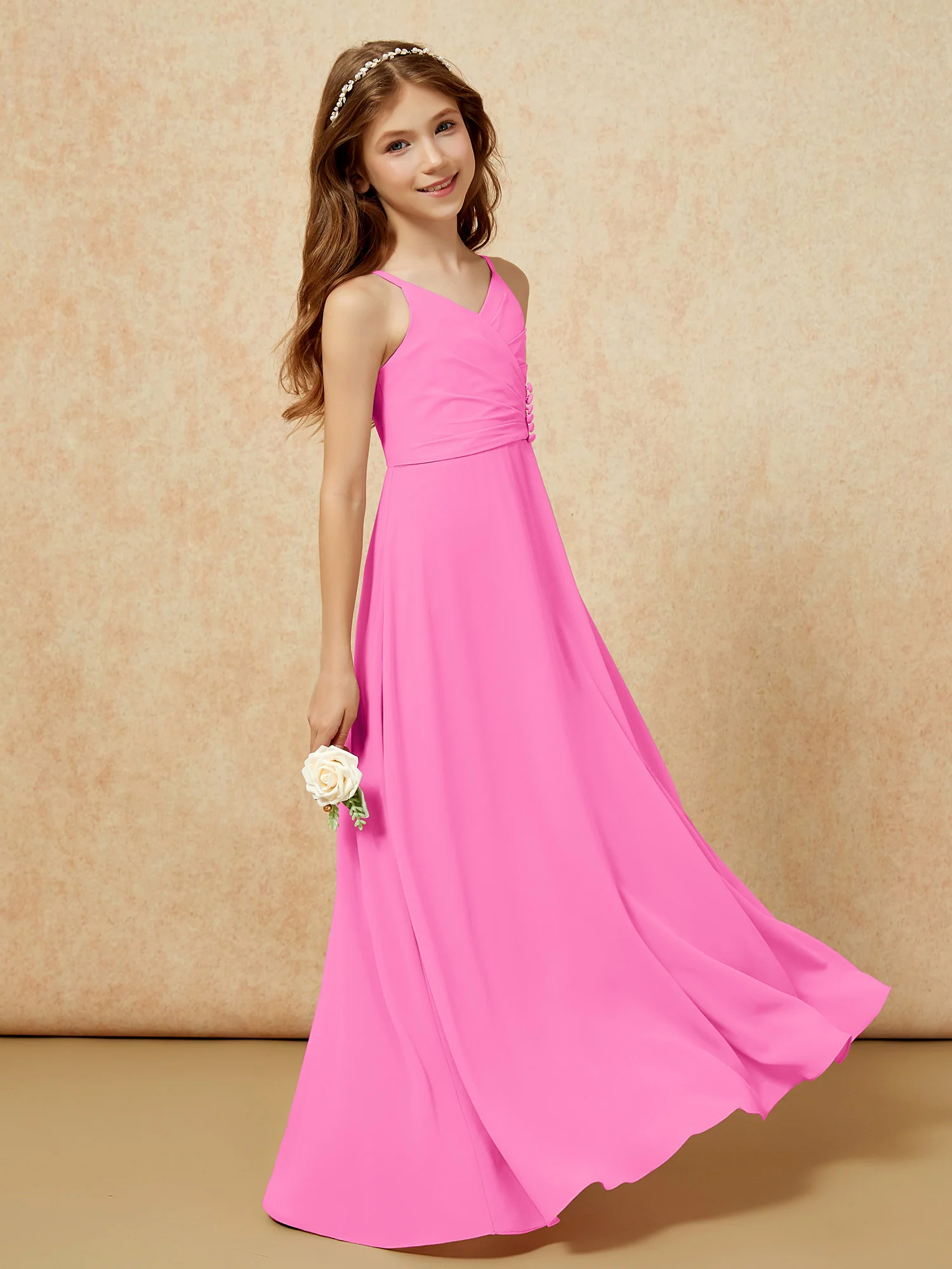V-neck Pleated Chiffon Long Junior Bridesmaid Dresses Azalea - Image 3