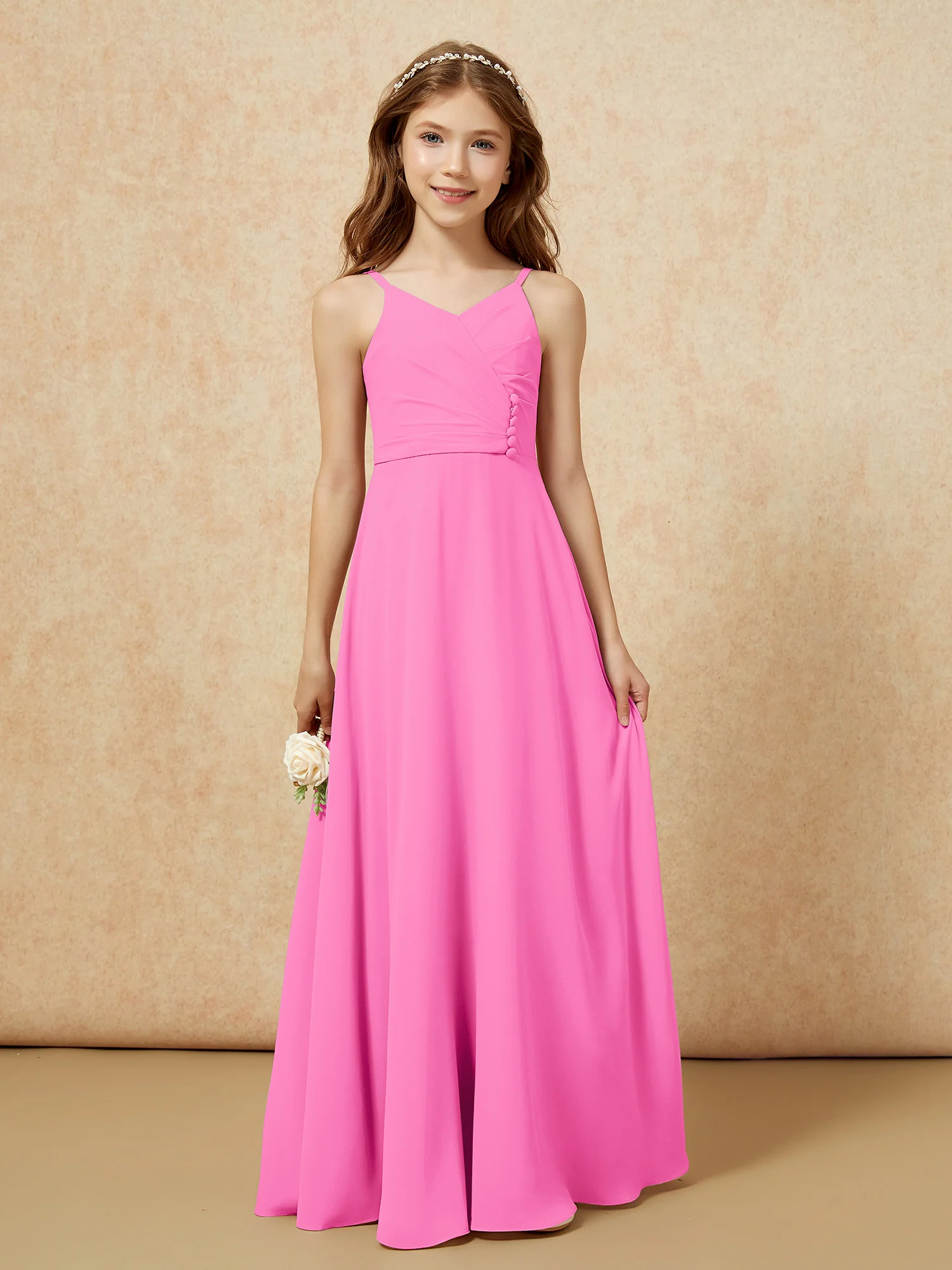V-neck Pleated Chiffon Long Junior Bridesmaid Dresses Azalea - Image 6