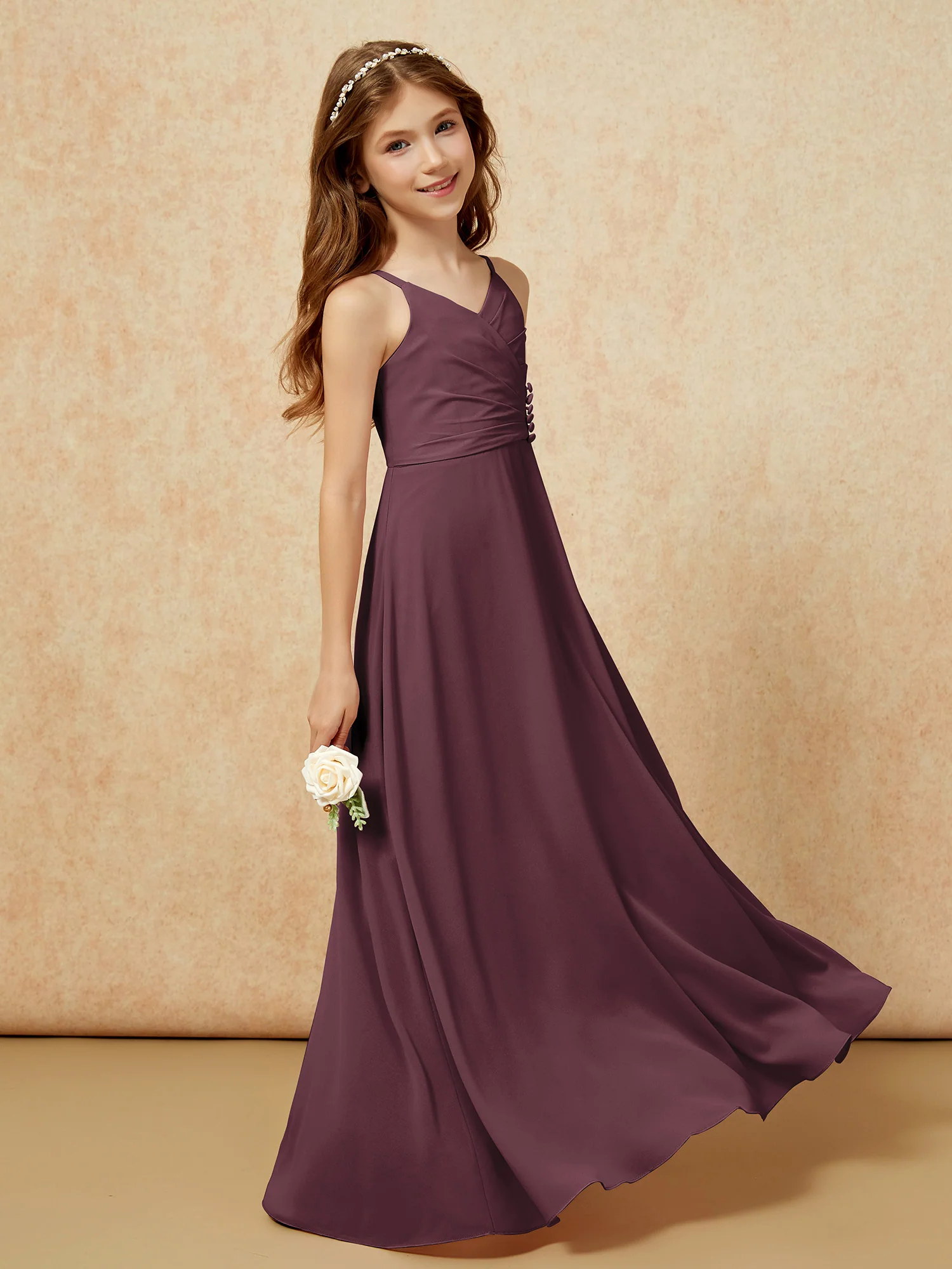 V-neck Pleated Chiffon Long Junior Bridesmaid Dresses Cabernet - Image 3
