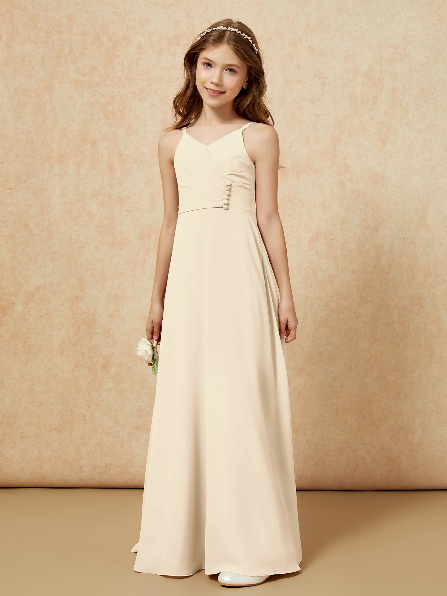 V-neck Pleated Chiffon Long Junior Bridesmaid Dresses Champagne