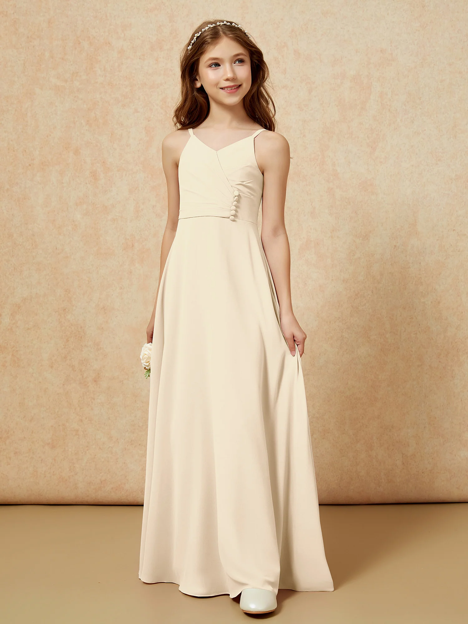 V-neck Pleated Chiffon Long Junior Bridesmaid Dresses Champagne - Image 5