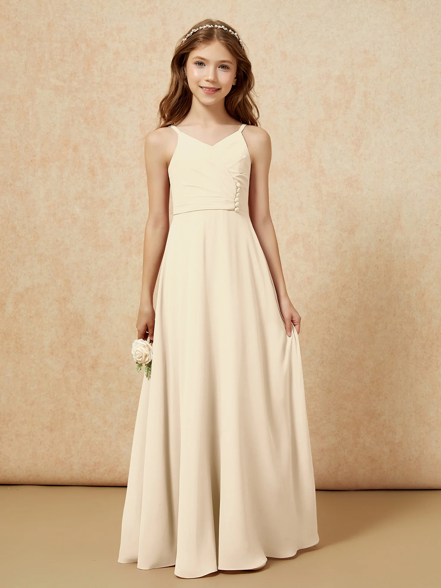 V-neck Pleated Chiffon Long Junior Bridesmaid Dresses Champagne - Image 6