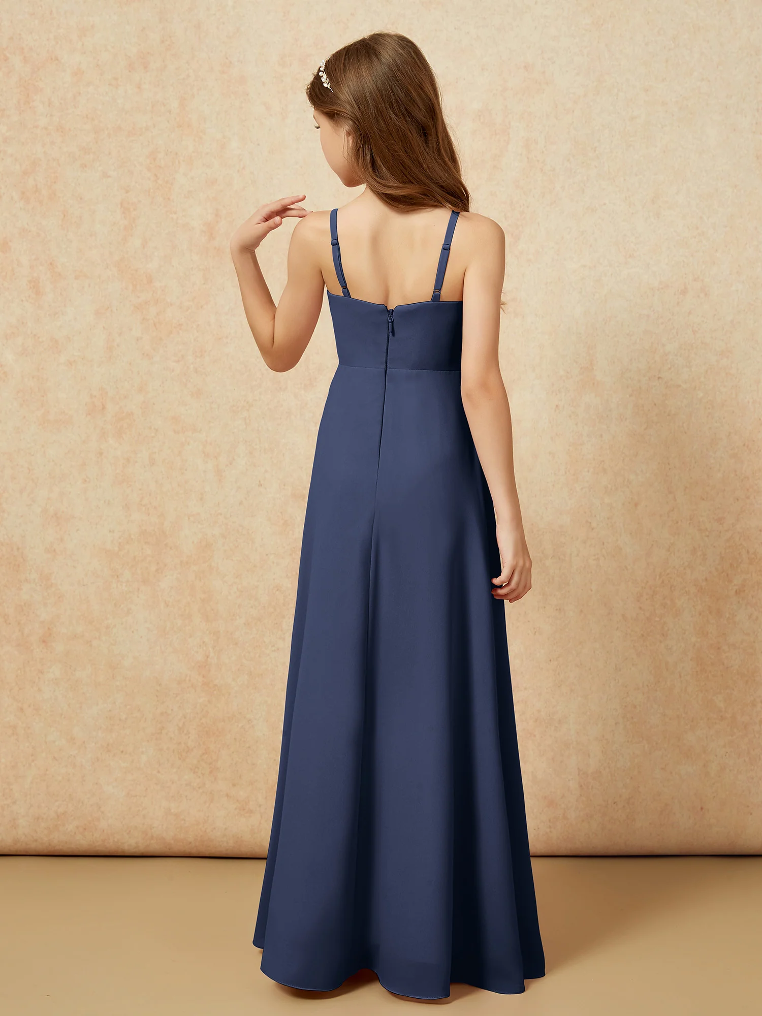 V-neck Pleated Chiffon Long Junior Bridesmaid Dresses Dark Navy - Image 2