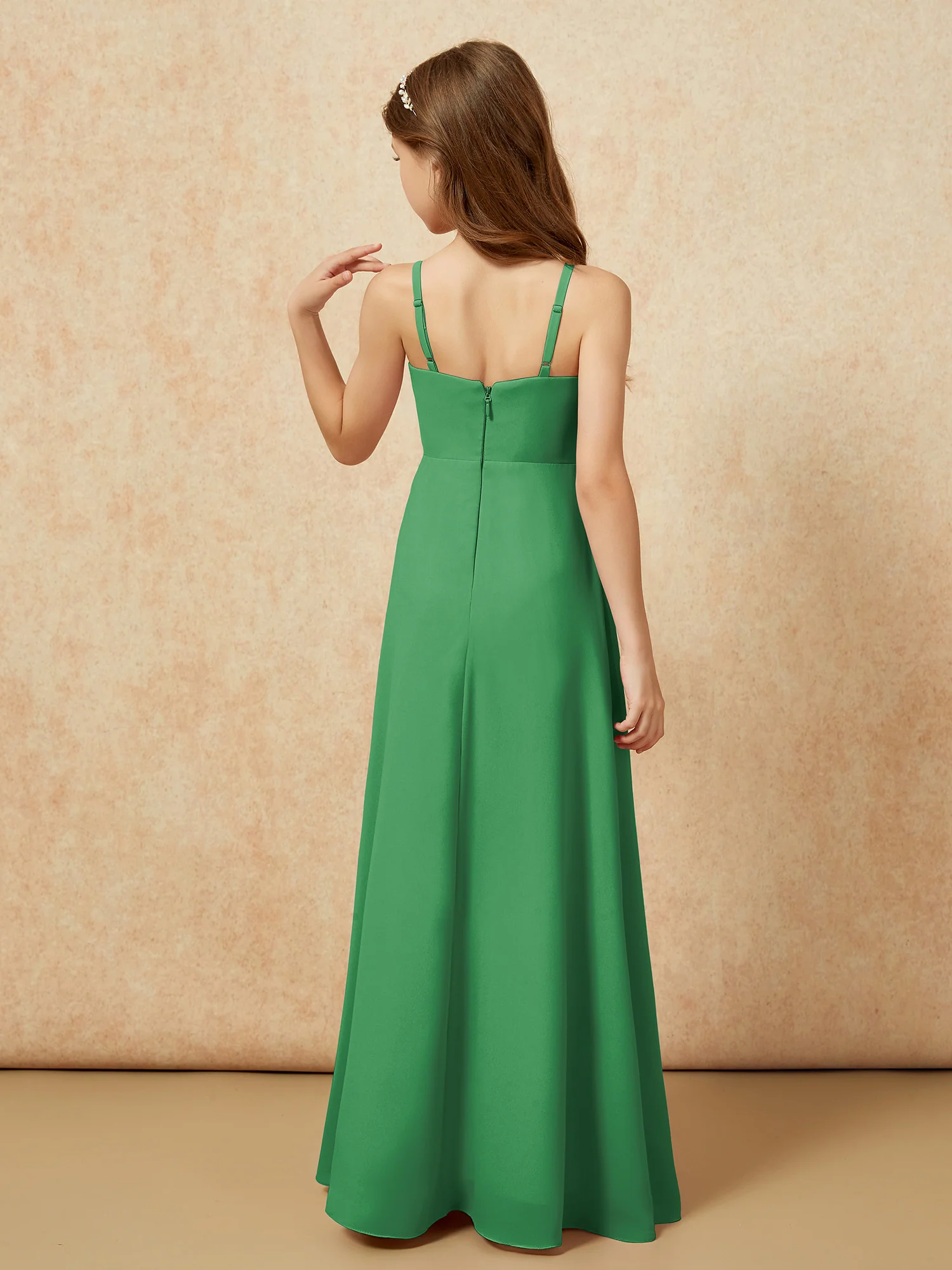 V-neck Pleated Chiffon Long Junior Bridesmaid Dresses Emerald - Image 2