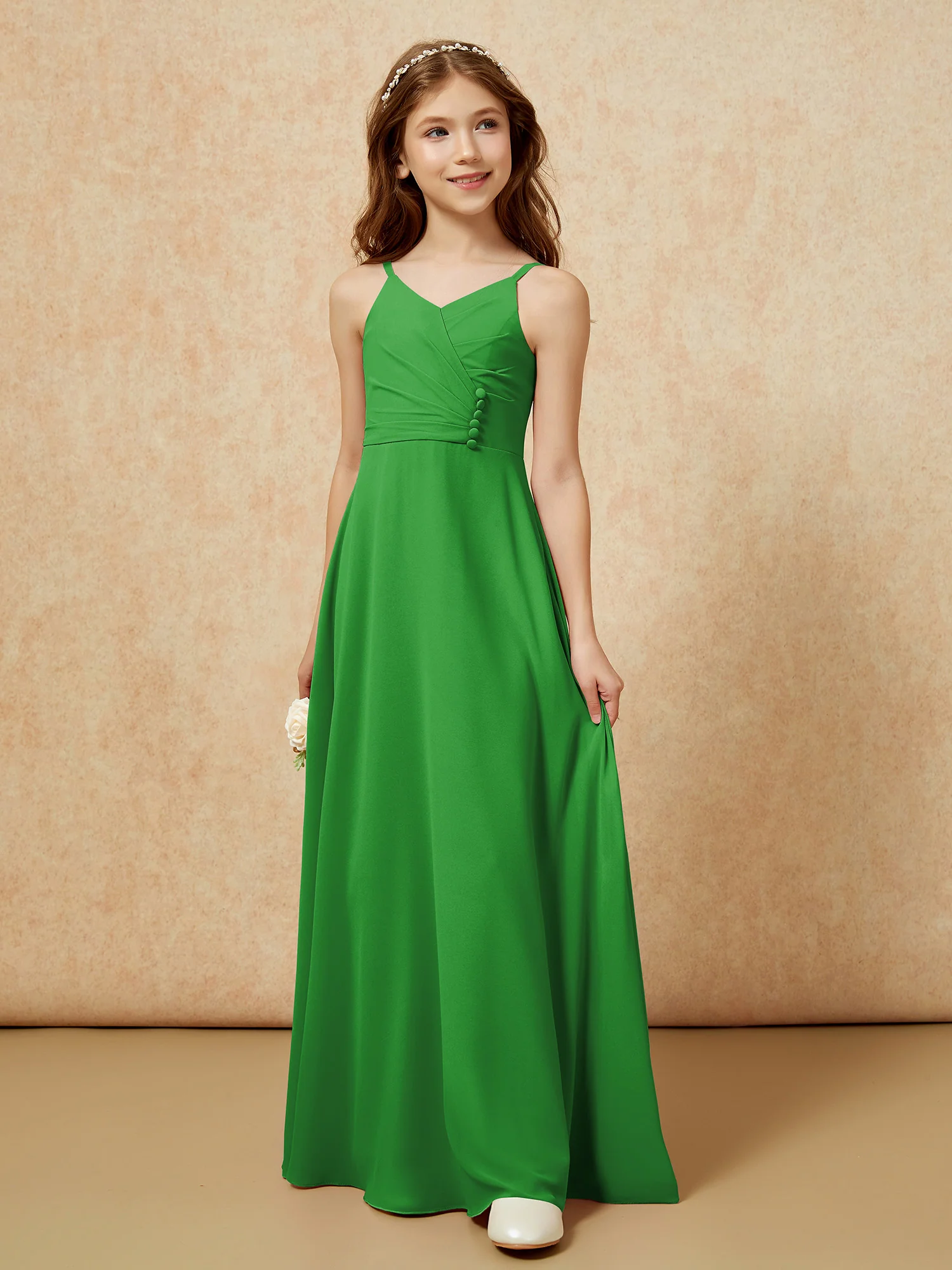 V-neck Pleated Chiffon Long Junior Bridesmaid Dresses Green - Image 5