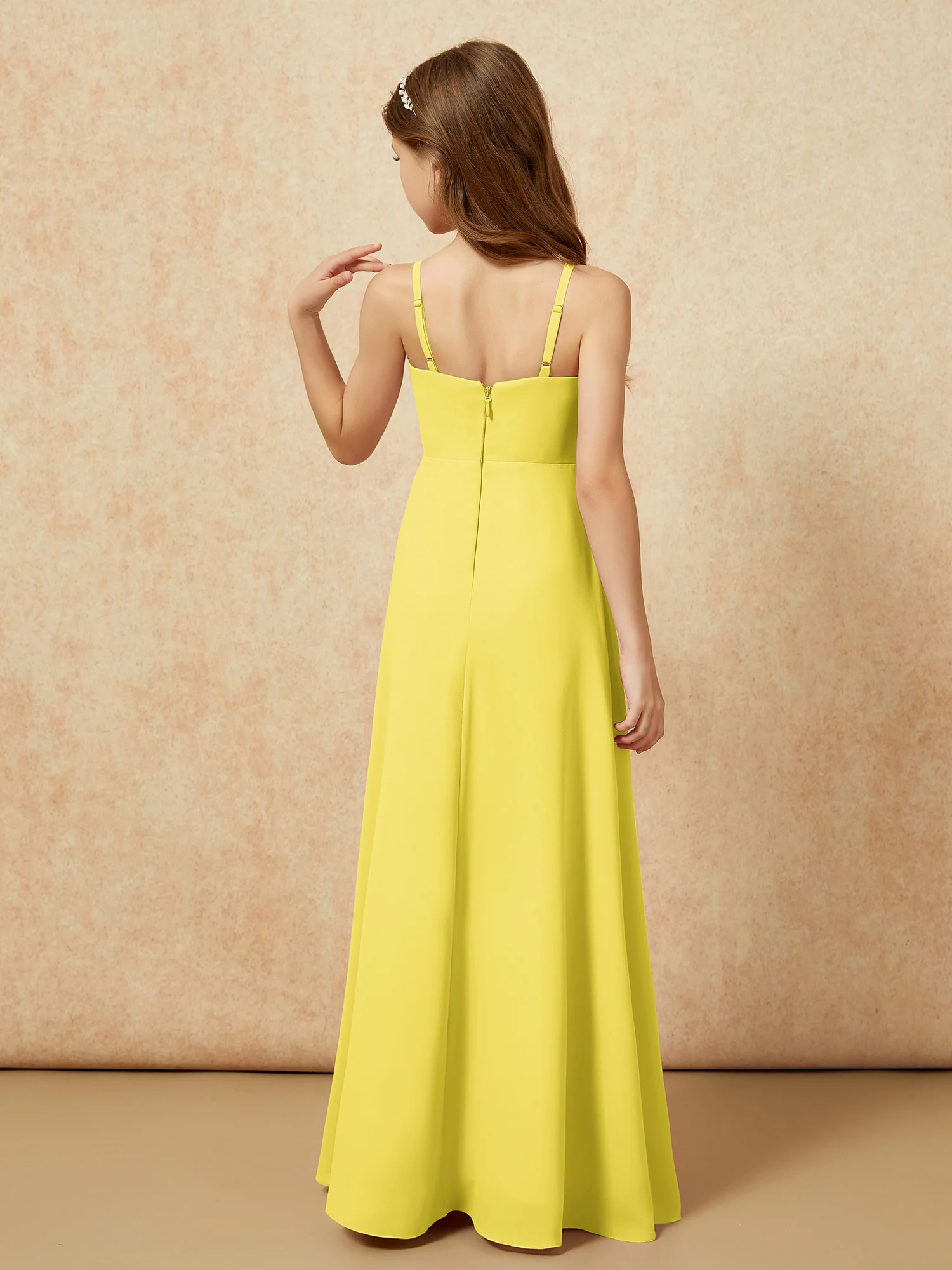 V-neck Pleated Chiffon Long Junior Bridesmaid Dresses Lemon - Image 2