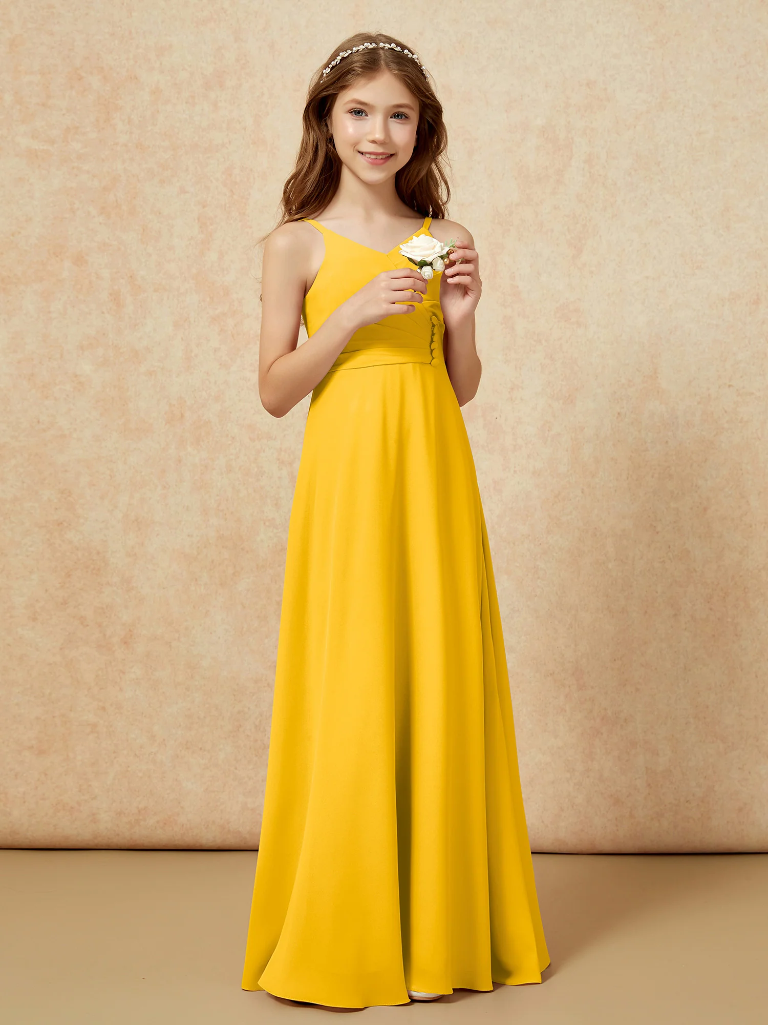 V-neck Pleated Chiffon Long Junior Bridesmaid Dresses Marigold - Image 4