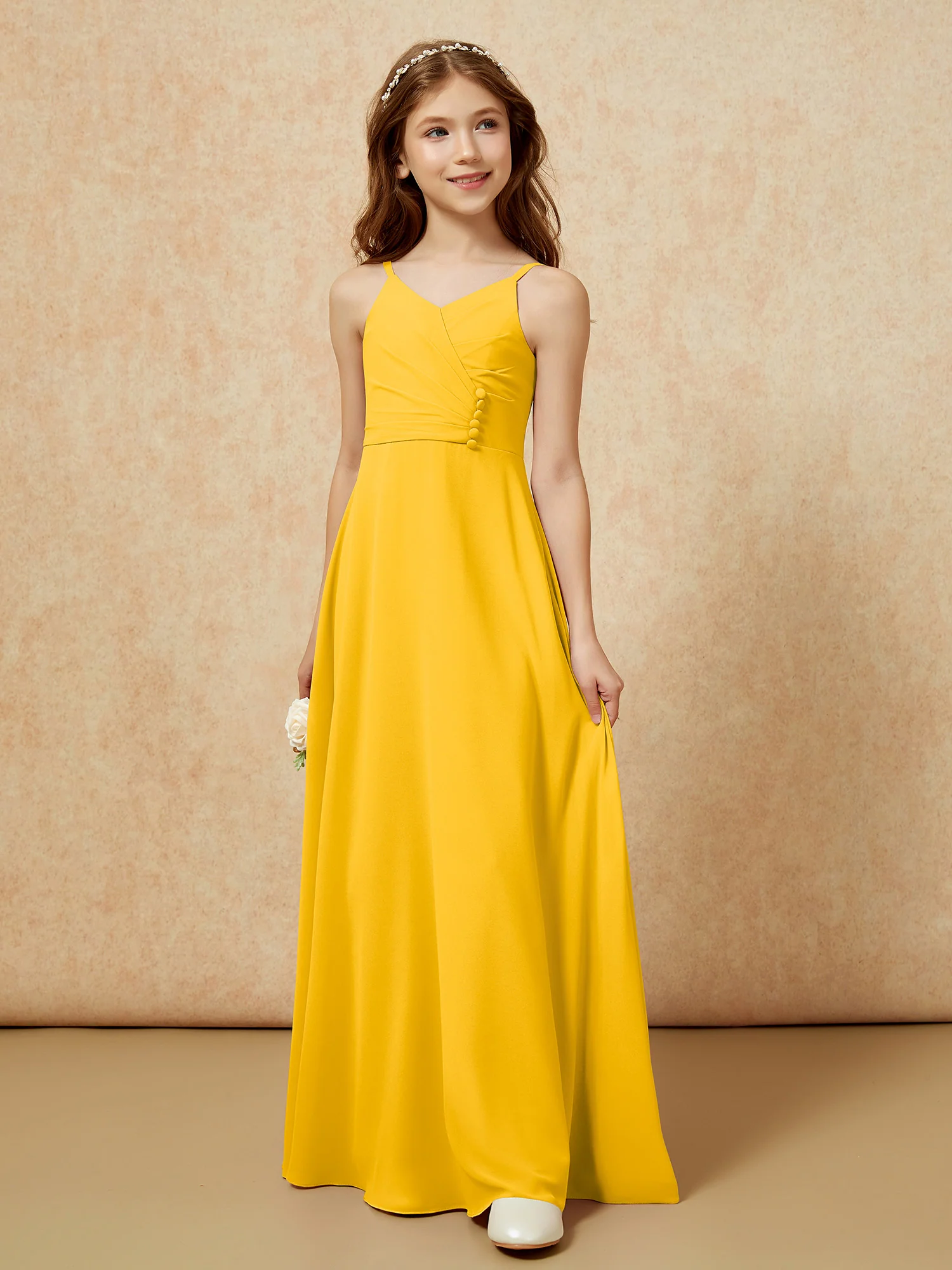 V-neck Pleated Chiffon Long Junior Bridesmaid Dresses Marigold - Image 5