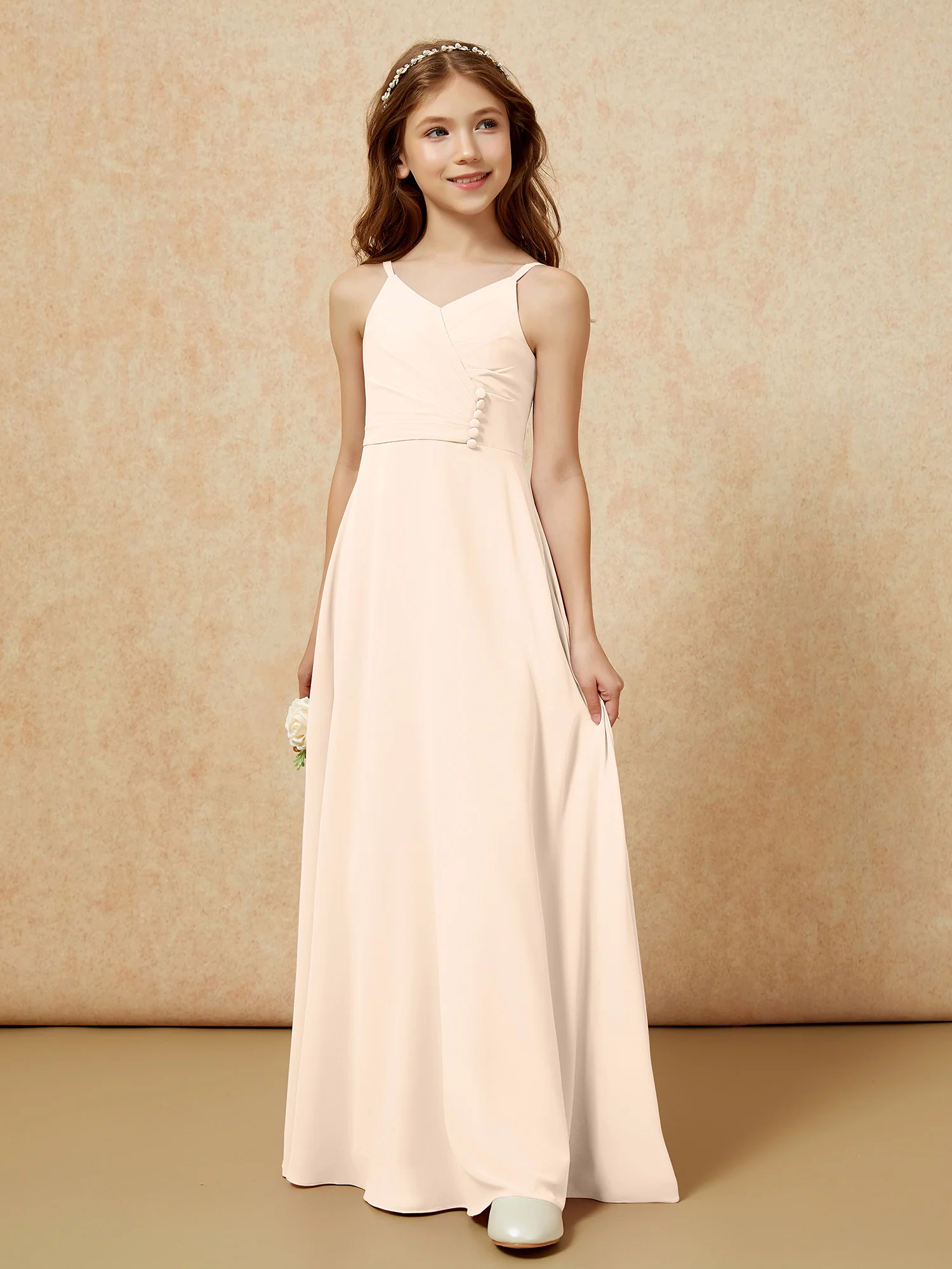V-neck Pleated Chiffon Long Junior Bridesmaid Dresses Peach - Image 5