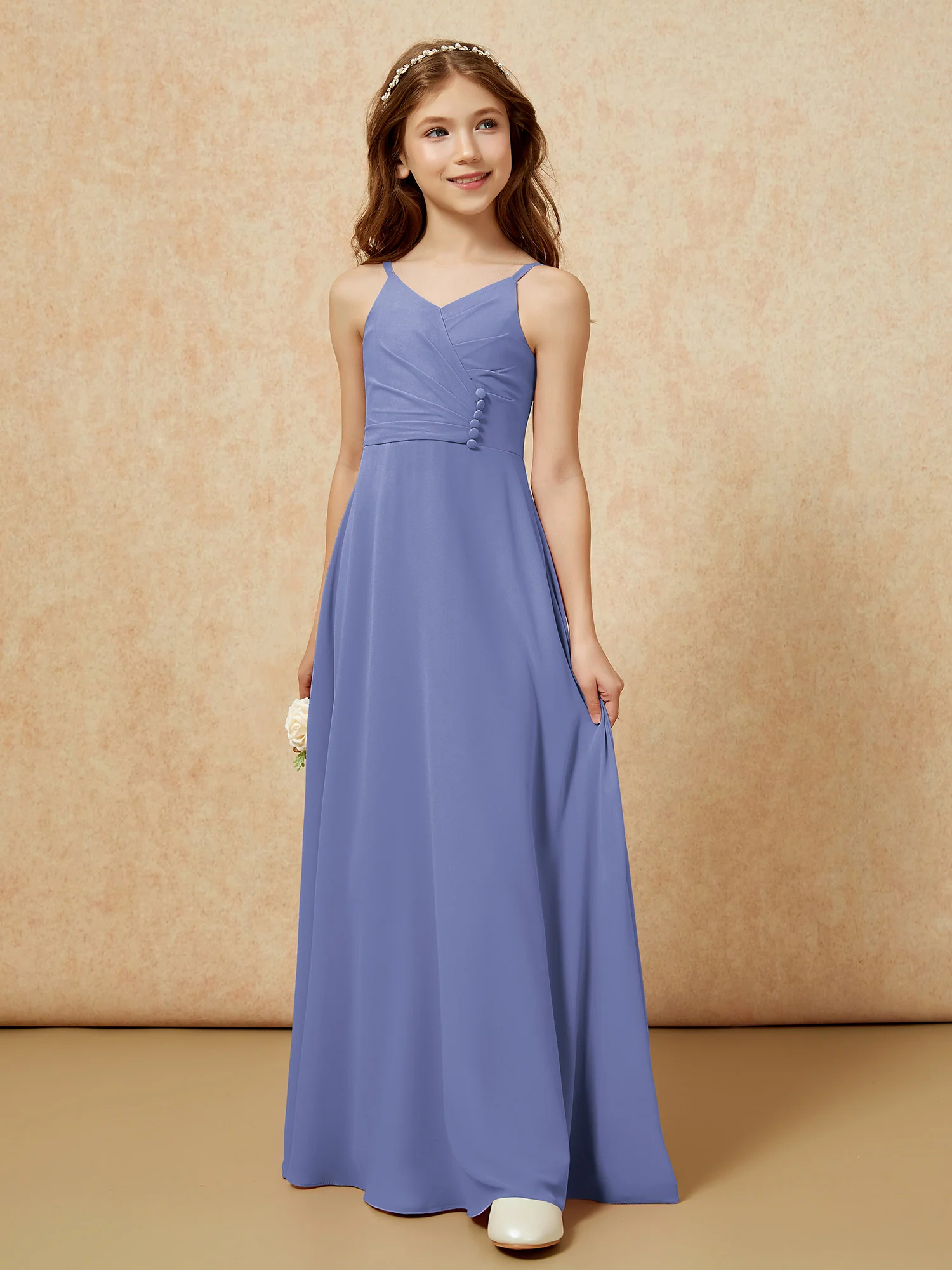 V-neck Pleated Chiffon Long Junior Bridesmaid Dresses Periwinkle - Image 5
